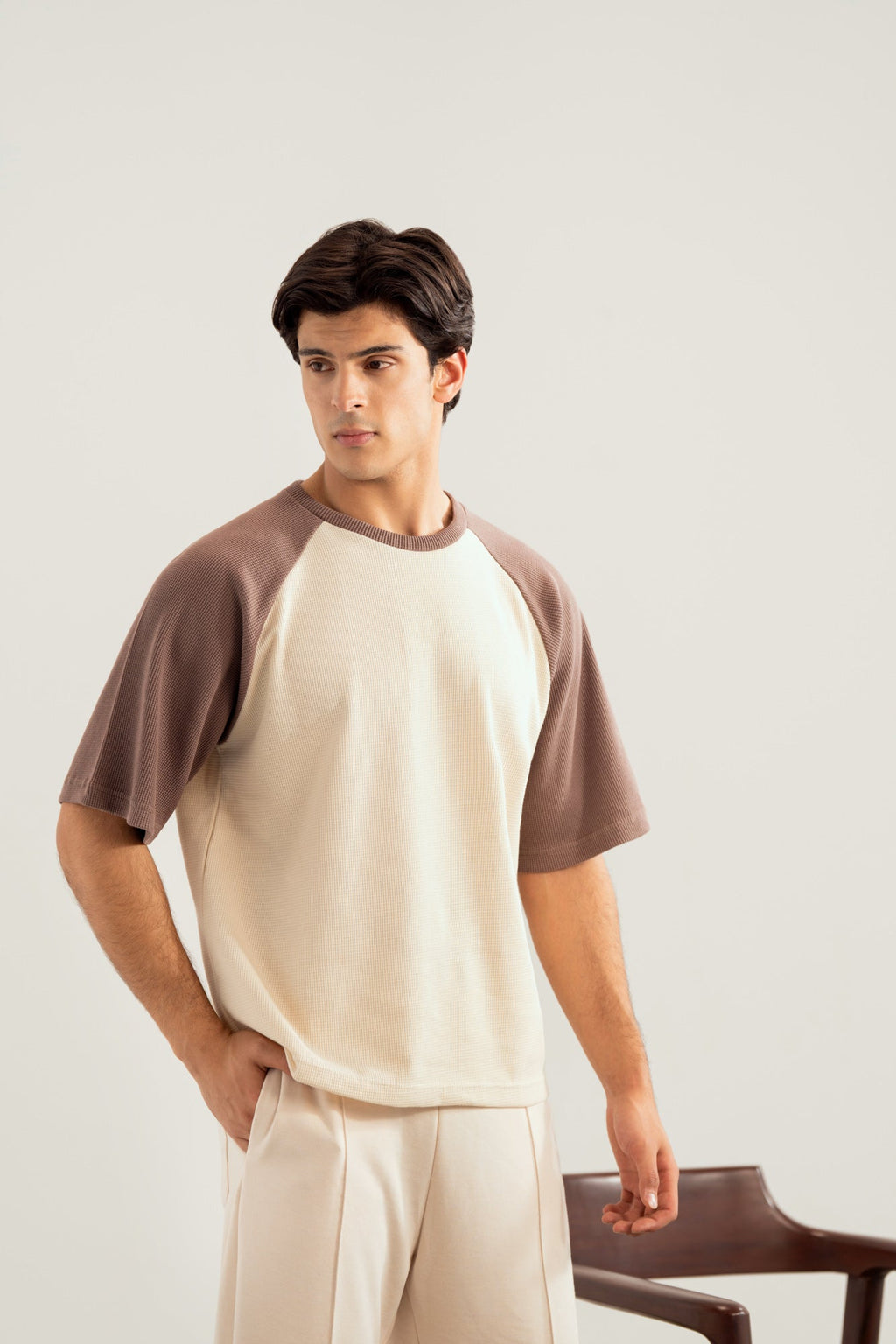 Dull Nude & Off White Waffle Knit Oversized Tee - Men