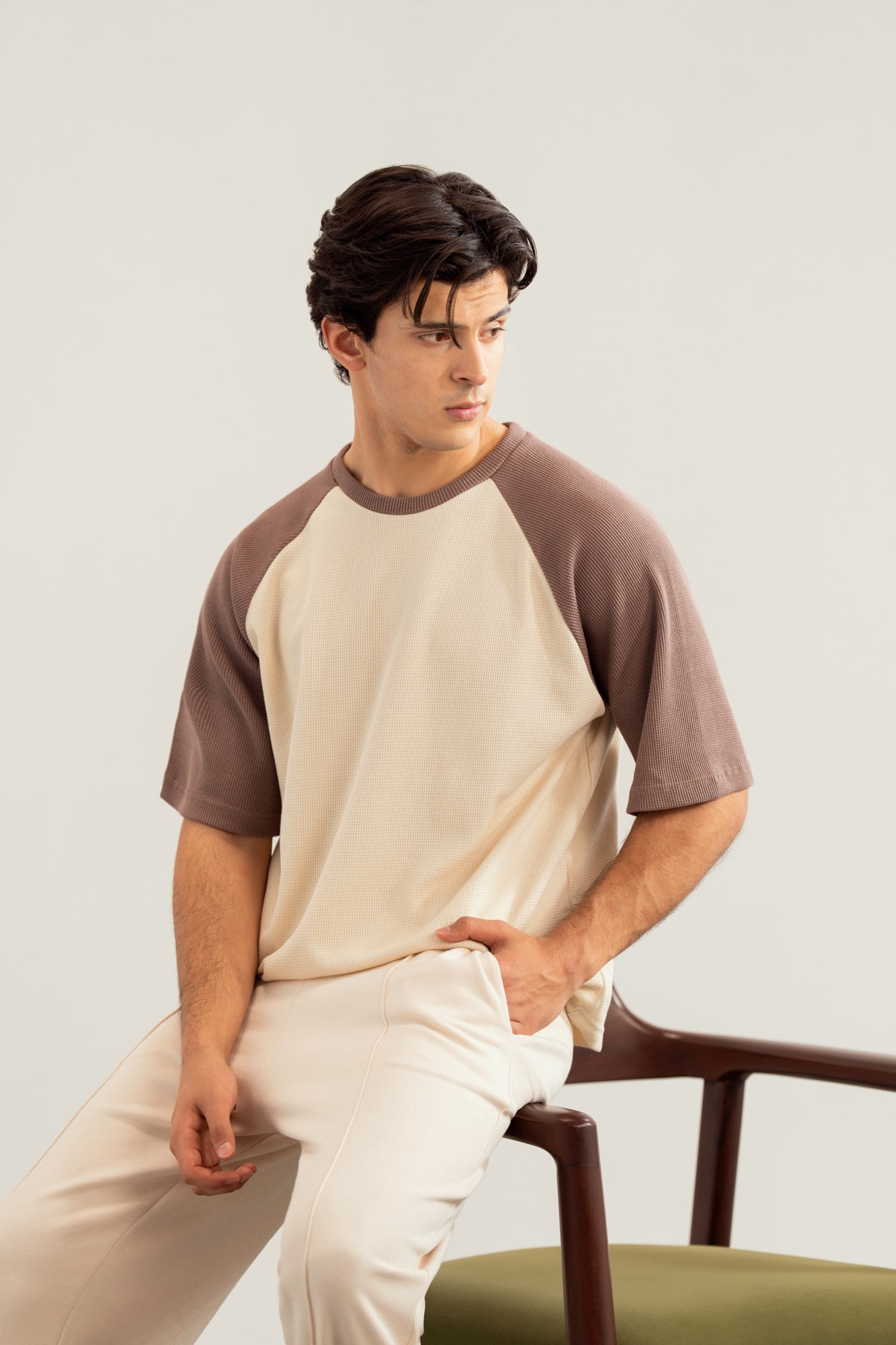 Dull Nude & Off White Waffle Knit Oversized Tee - Men