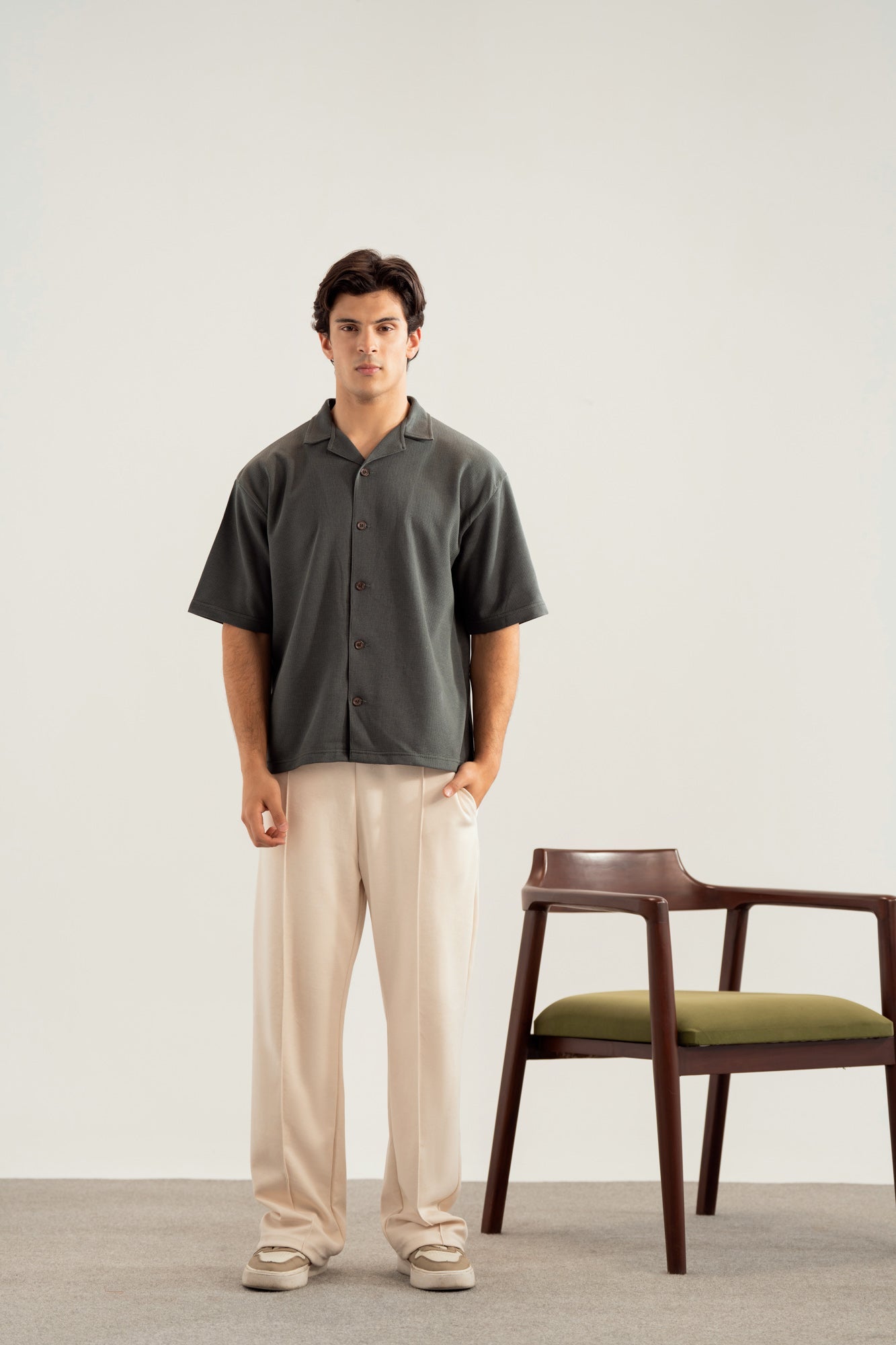 Deep Olive Waffle Boxy Revere Button Down - Men