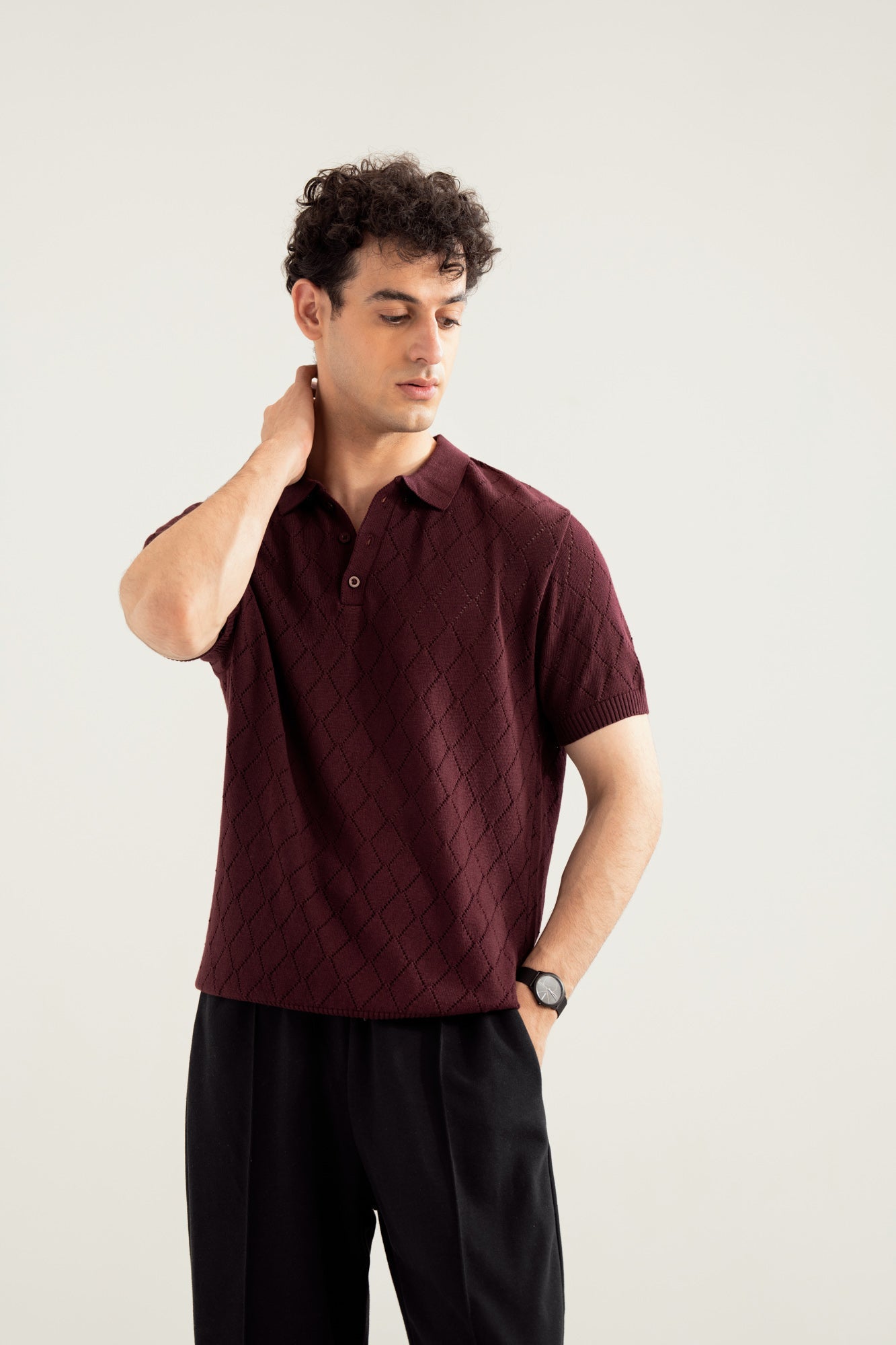 Deep Burgundy Crocheted Diamond Knitted Polo - Men