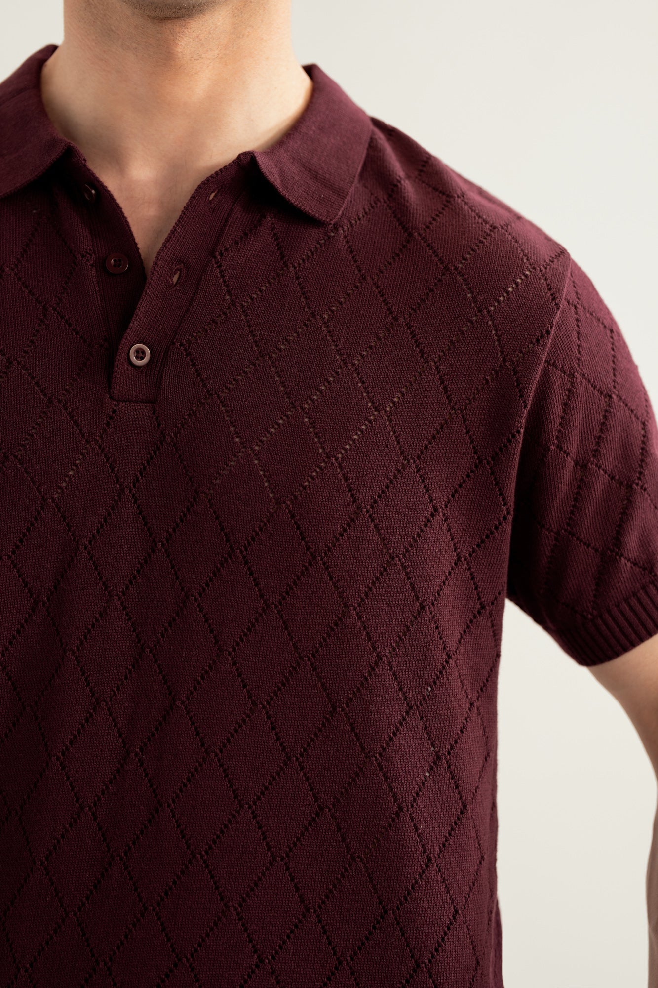 Deep Burgundy Crocheted Diamond Knitted Polo - Men
