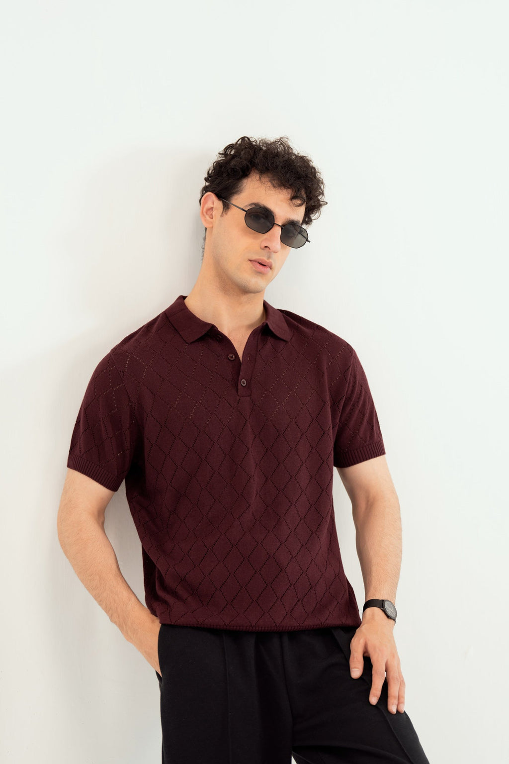Deep Burgundy Crocheted Diamond Knitted Polo - Men