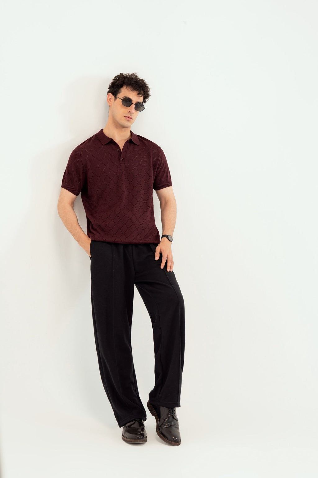 Deep Burgundy Crocheted Diamond Knitted Polo - Men