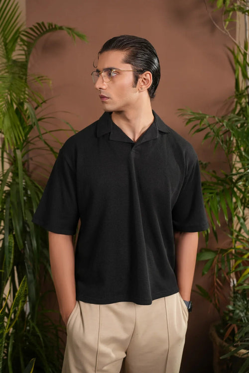 Black Boxy Waffle Revere Polo - Men