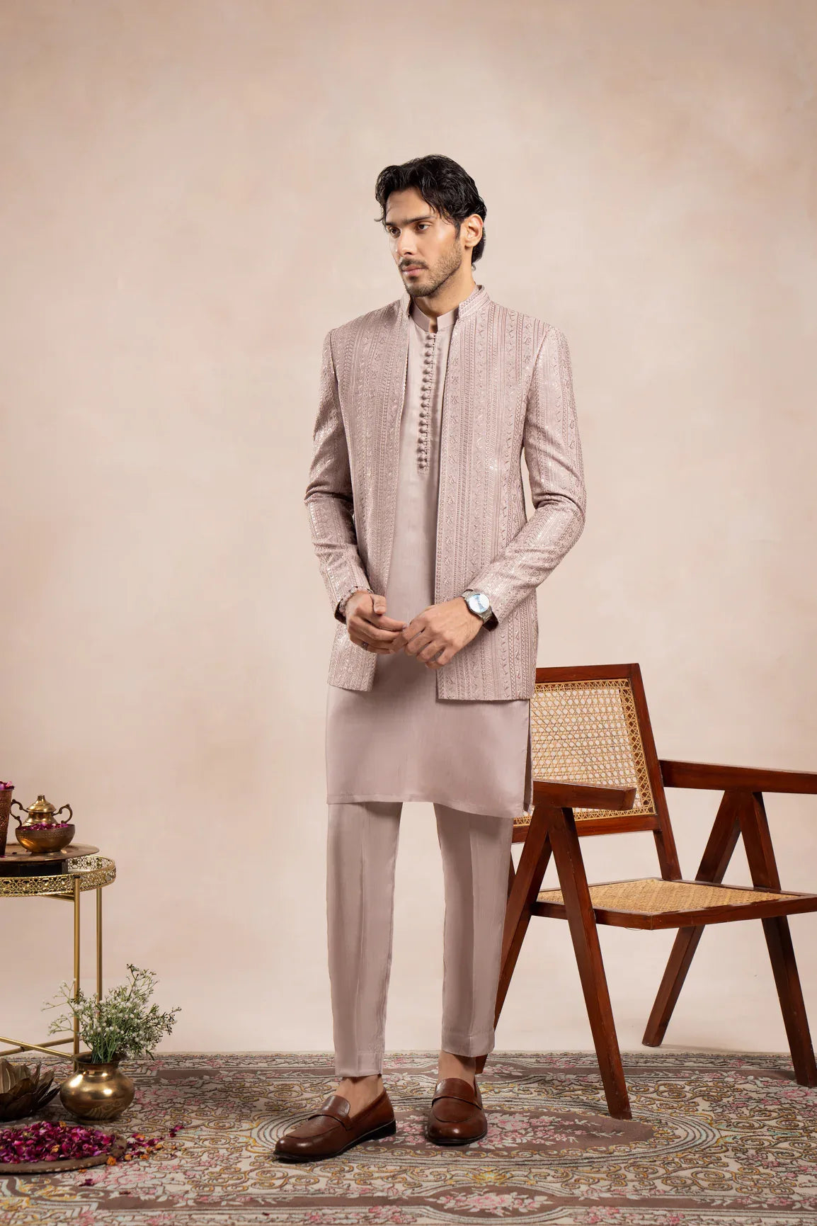 Pink Falling Embroidered Open Prince Coat - Men