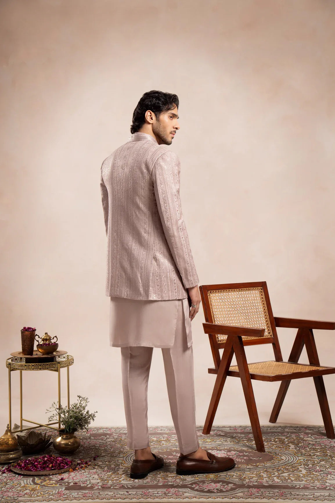 Pink Falling Embroidered Open Prince Coat - Men