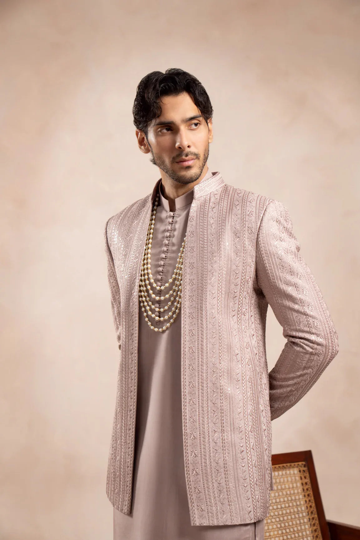 Pink Falling Embroidered Open Prince Coat - Men