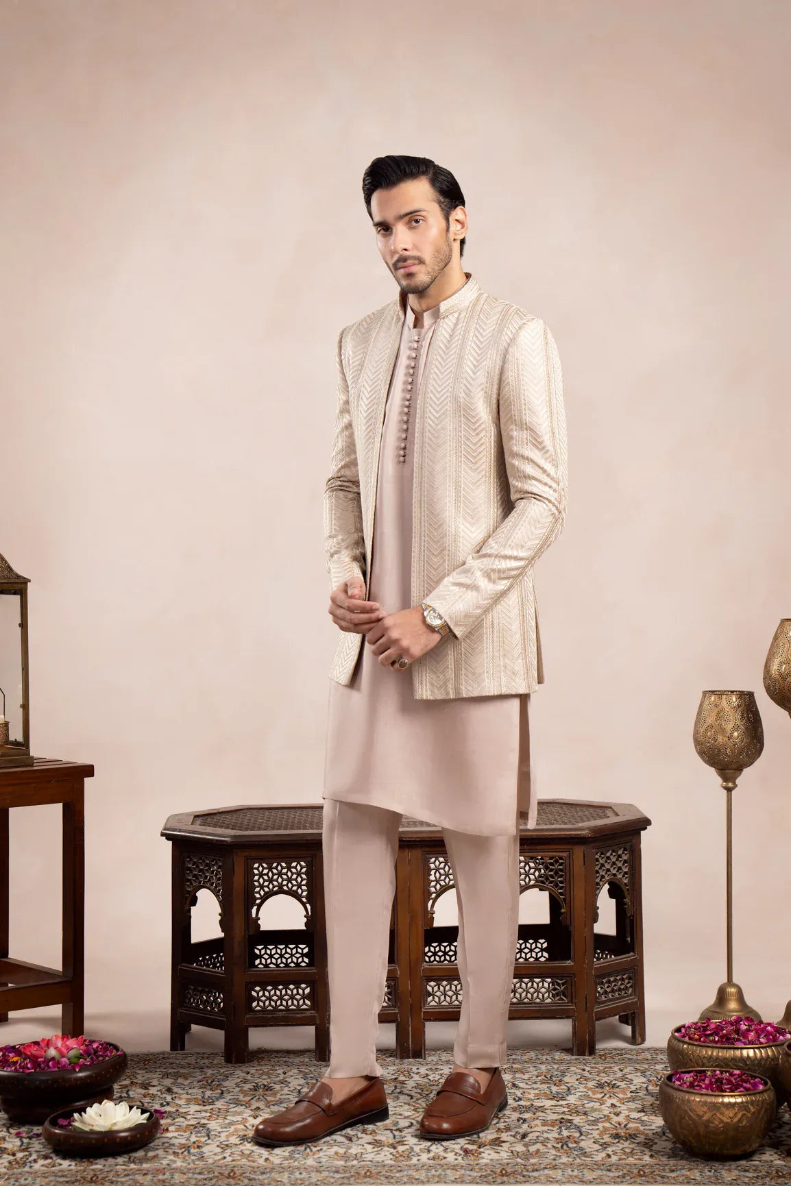 Coffee Beige Arrow Embroidered Open Prince Coat - Men