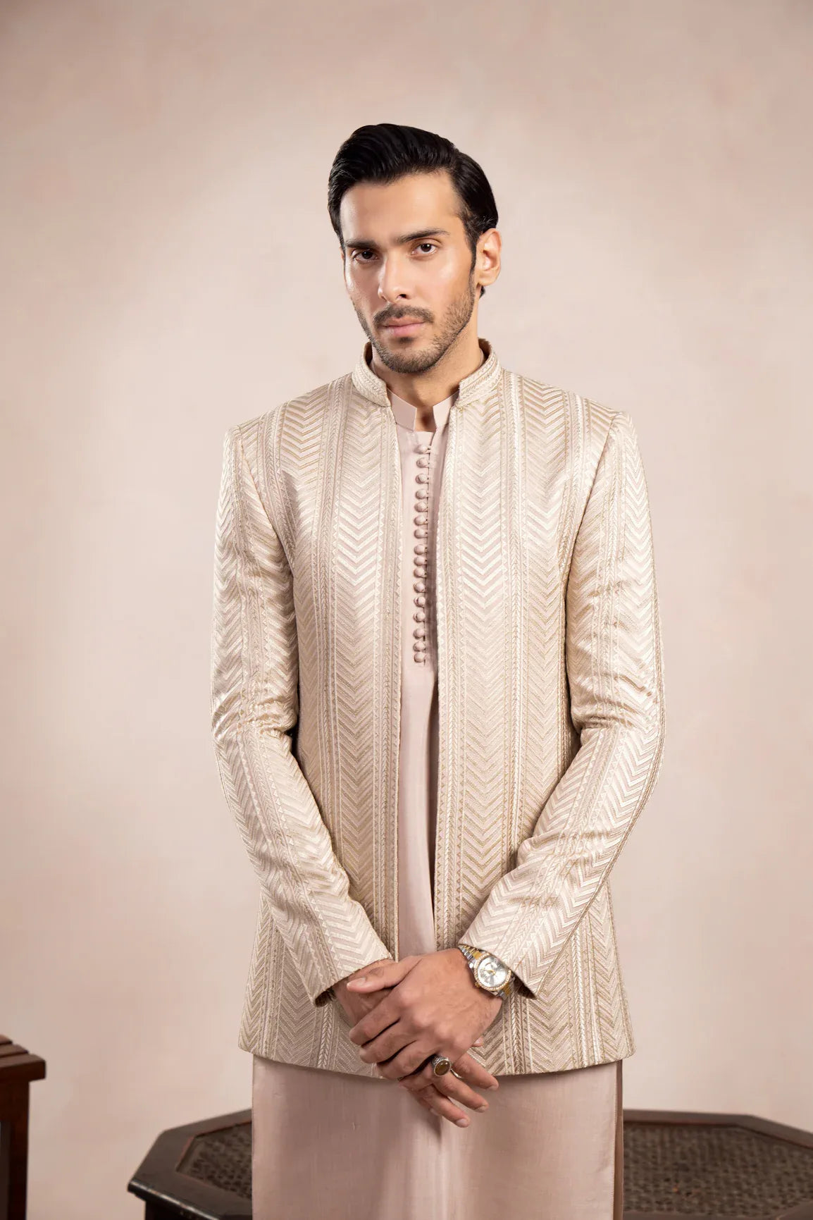 Coffee Beige Arrow Embroidered Open Prince Coat - Men