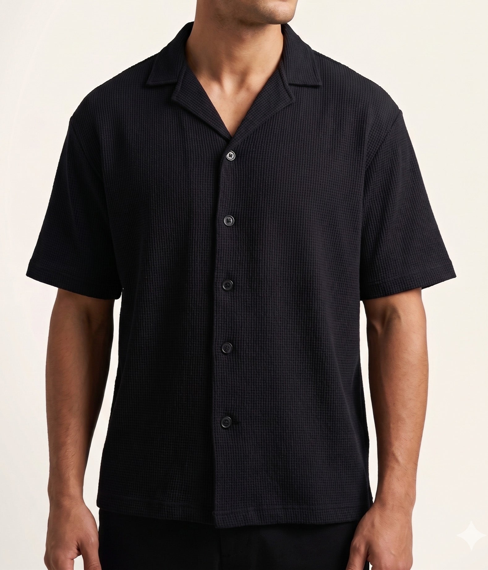 Black Waffle Boxy Revere Button Down - Men