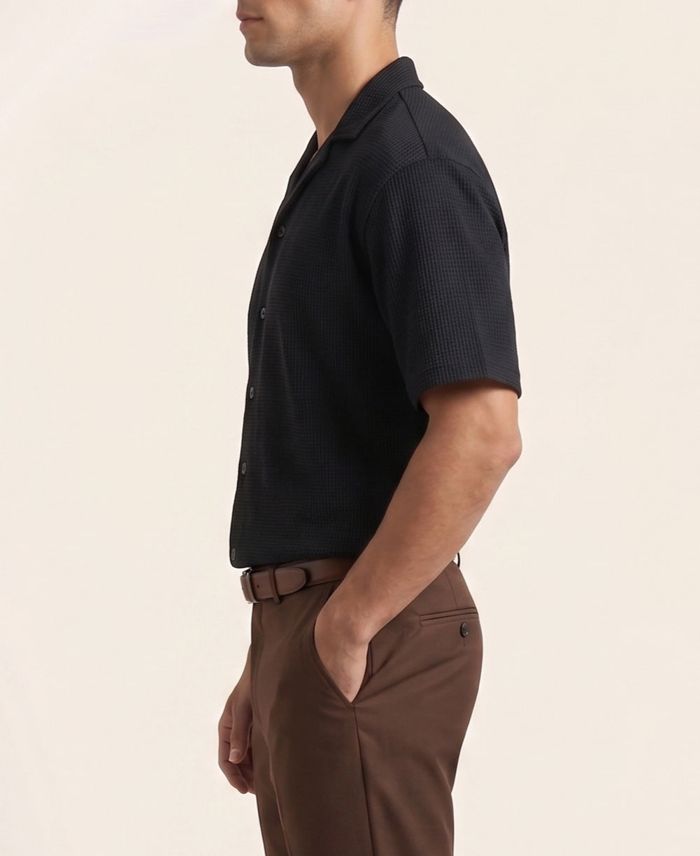 Black Waffle Boxy Revere Button Down - Men