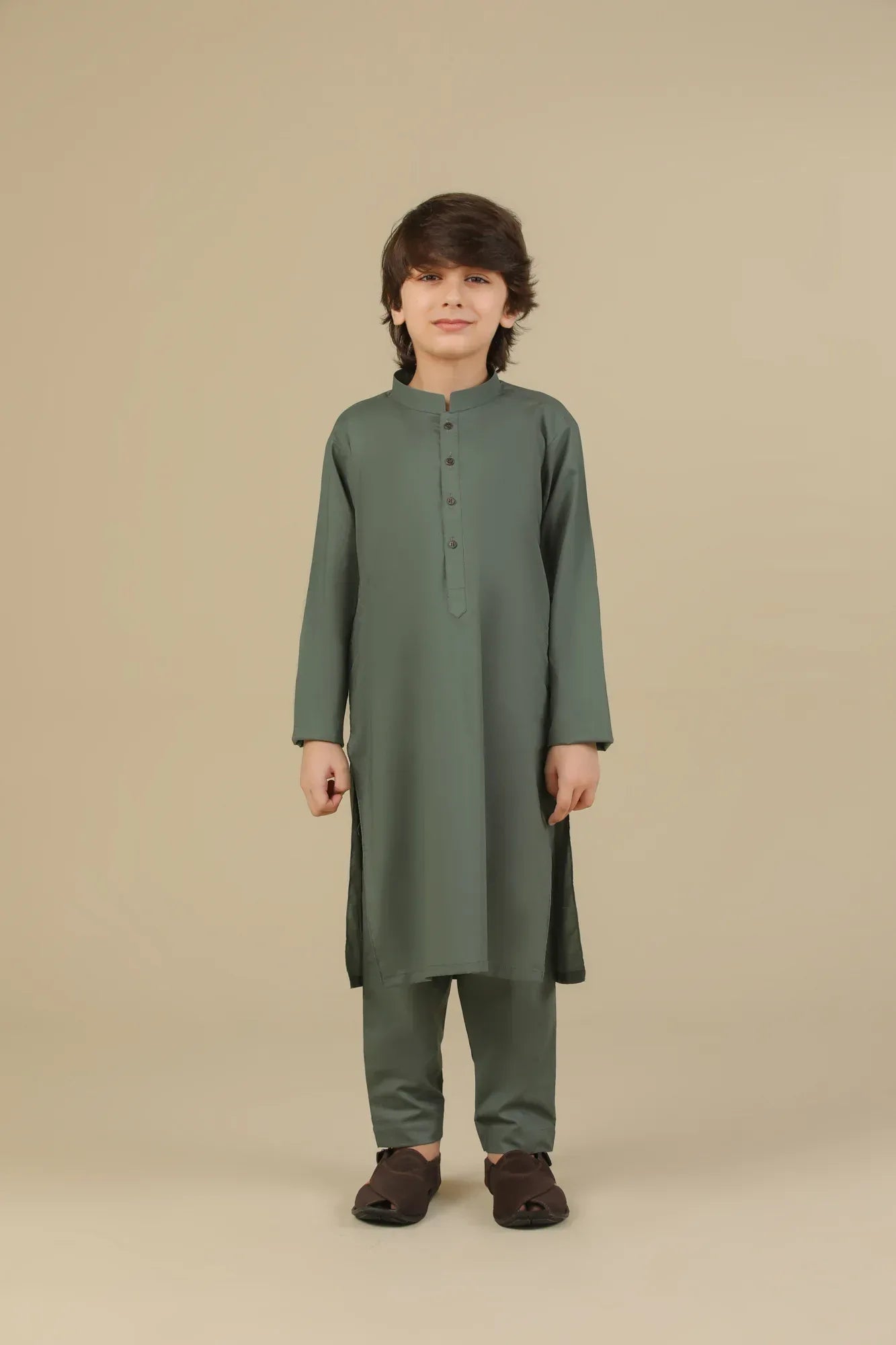 Army Green Soft Cotton Kurta Trouser - Kids