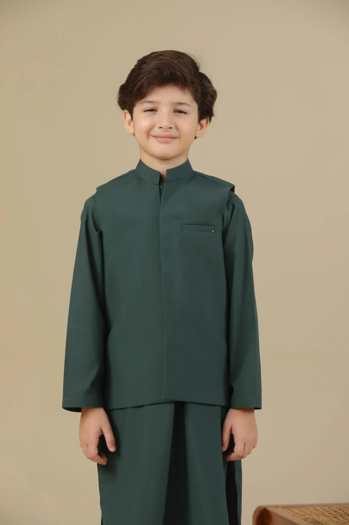 Bottle Green Kurta Trouser with Blended Waistcoat - Kids