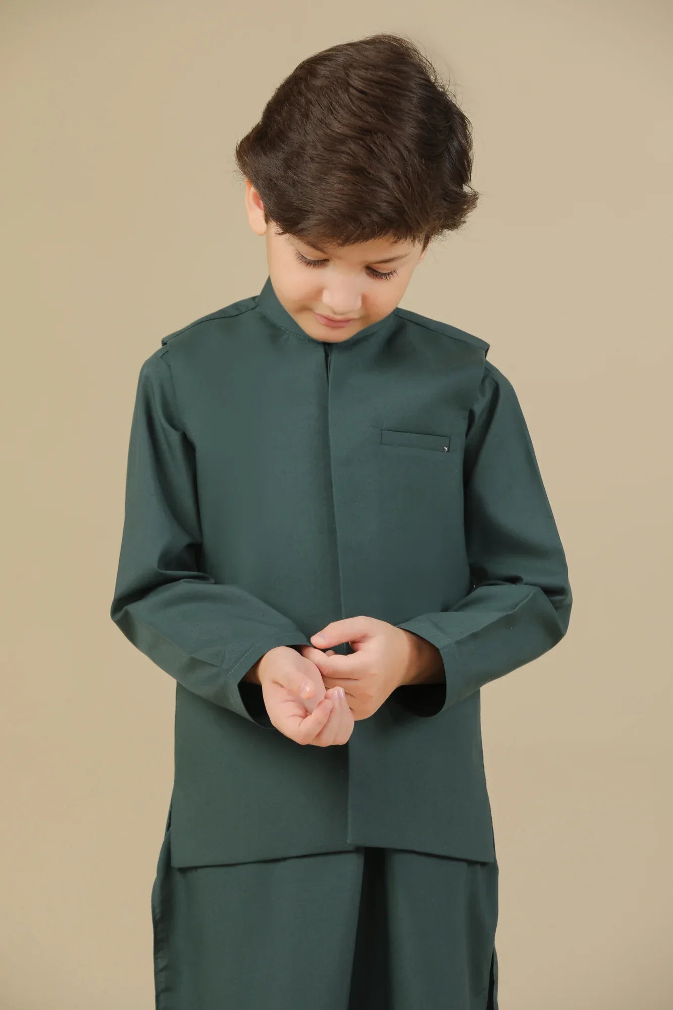 Bottle Green Kurta Trouser with Blended Waistcoat - Kids