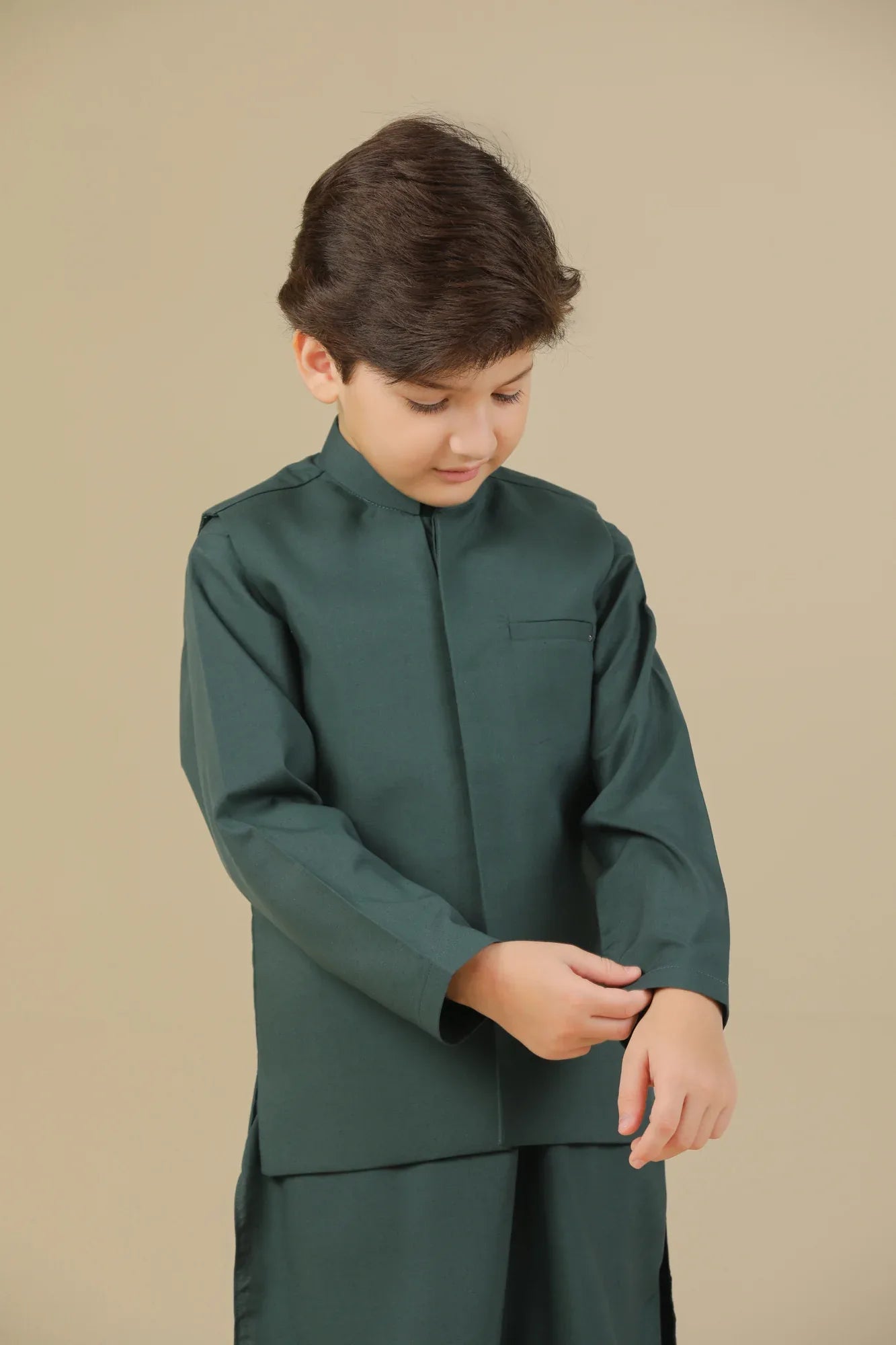 Bottle Green Kurta Trouser with Blended Waistcoat - Kids