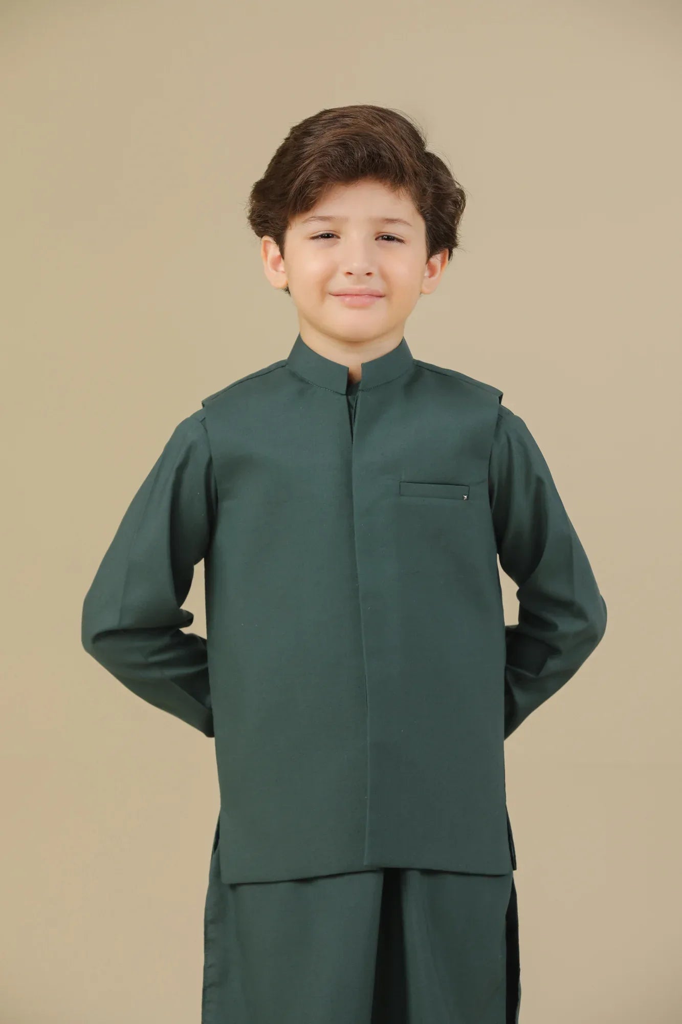 Bottle Green Kurta Trouser with Blended Waistcoat - Kids