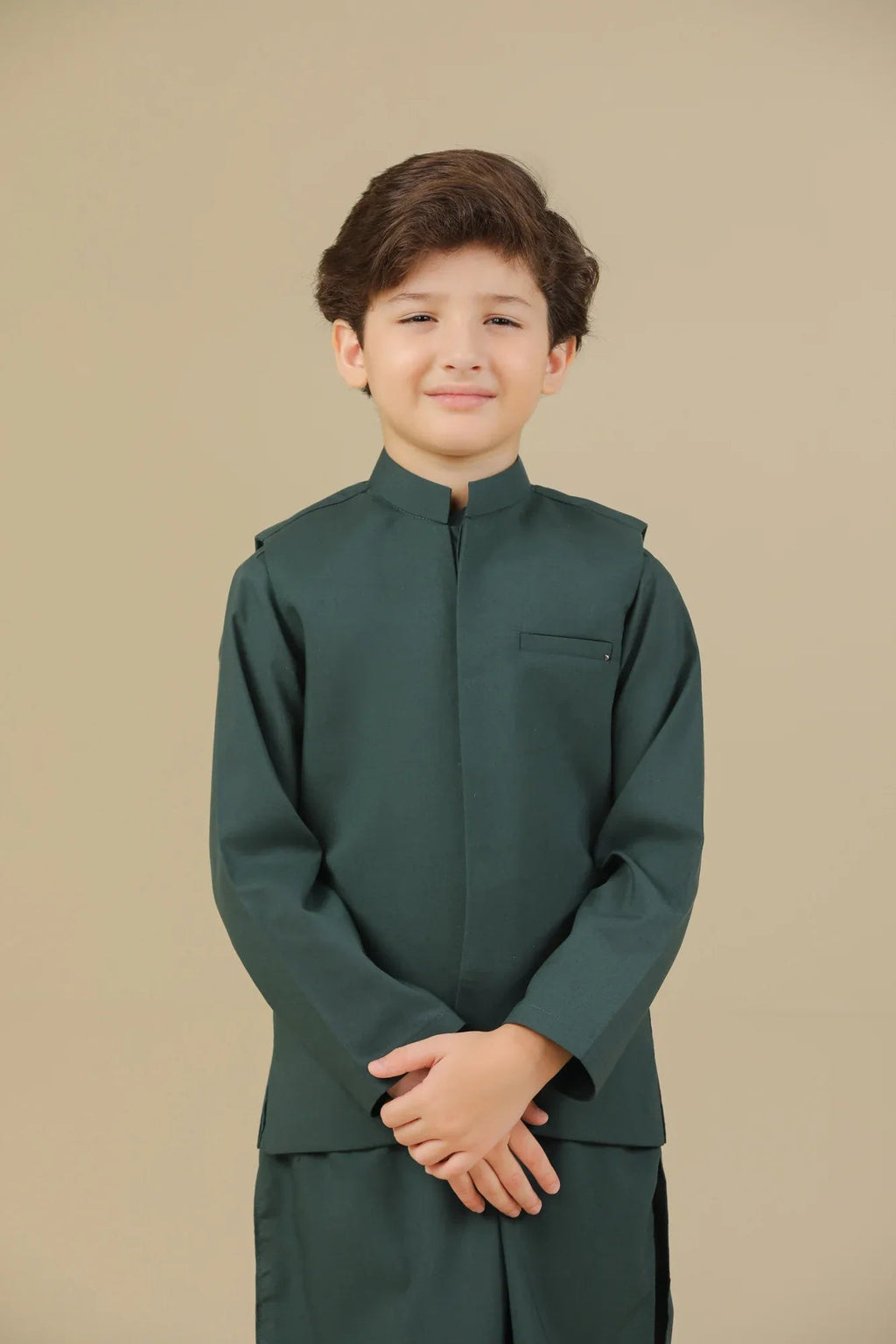 Bottle Green Kurta Trouser with Blended Waistcoat - Kids