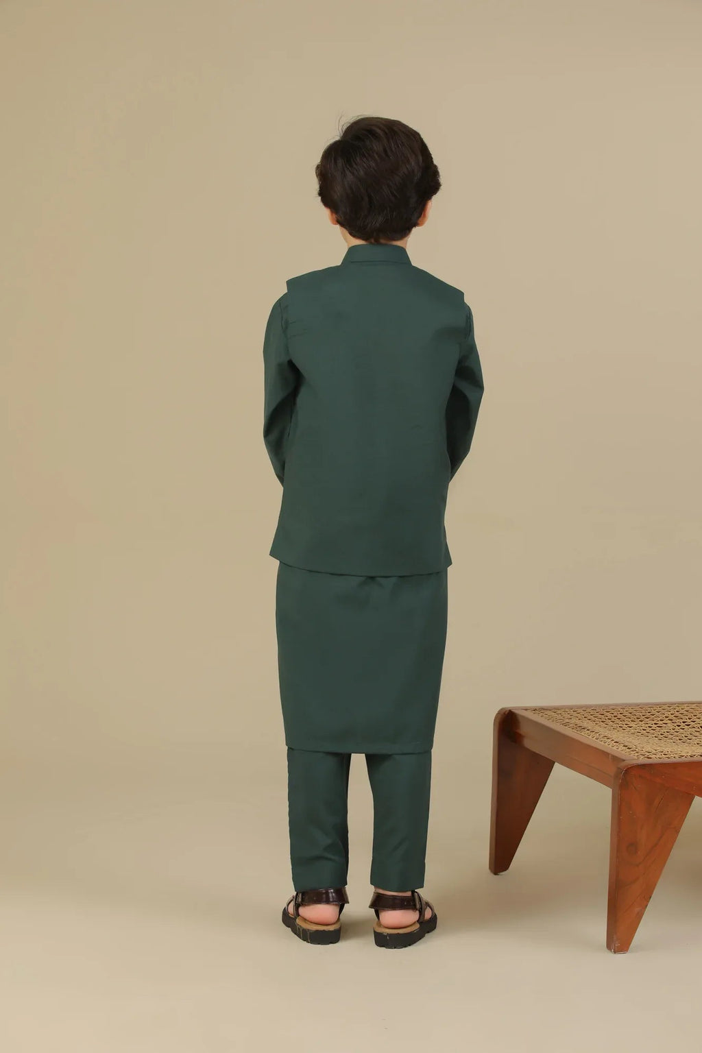Bottle Green Kurta Trouser with Blended Waistcoat - Kids