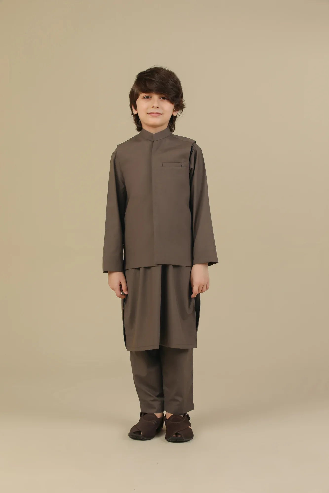Light Brown Kurta Trouser with Blended Waistcoat - Kids