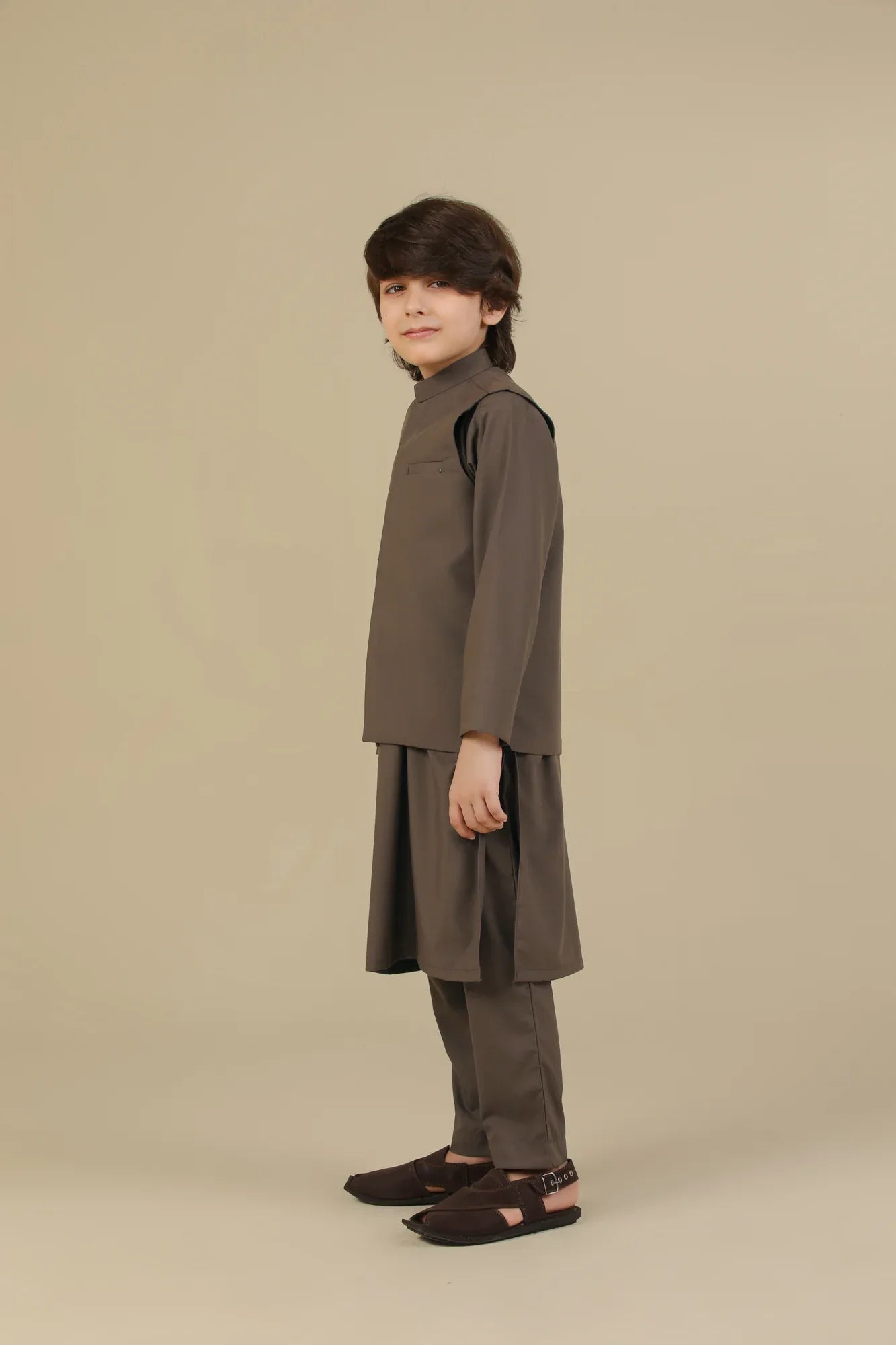Light Brown Kurta Trouser with Blended Waistcoat - Kids