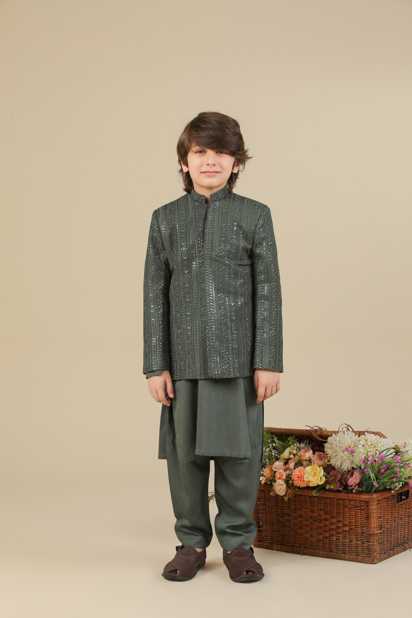 Olive Green Falling Embroidered Prince Coat - Kids