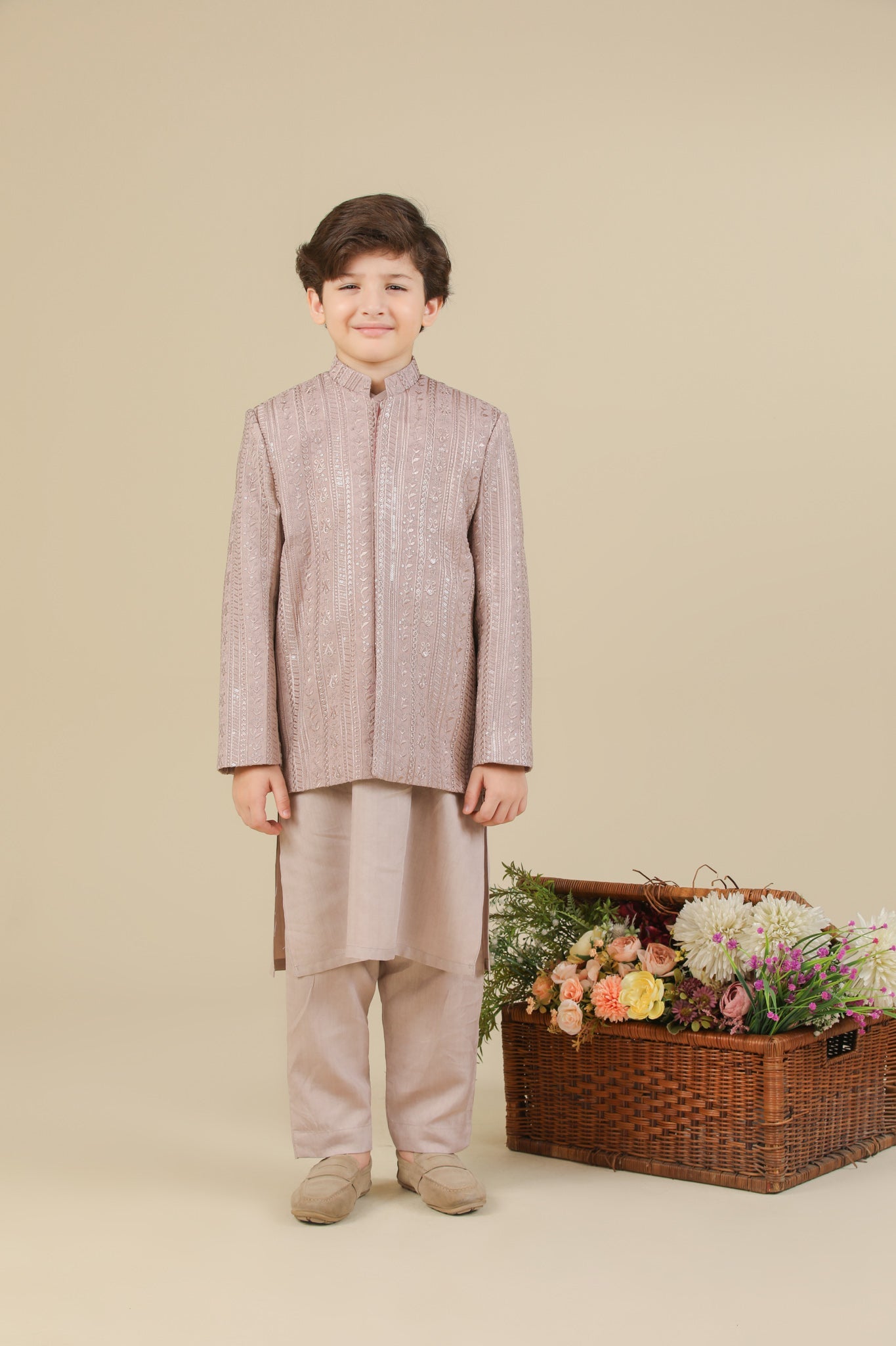 Pink Falling Embroidered Prince Coat - Kids