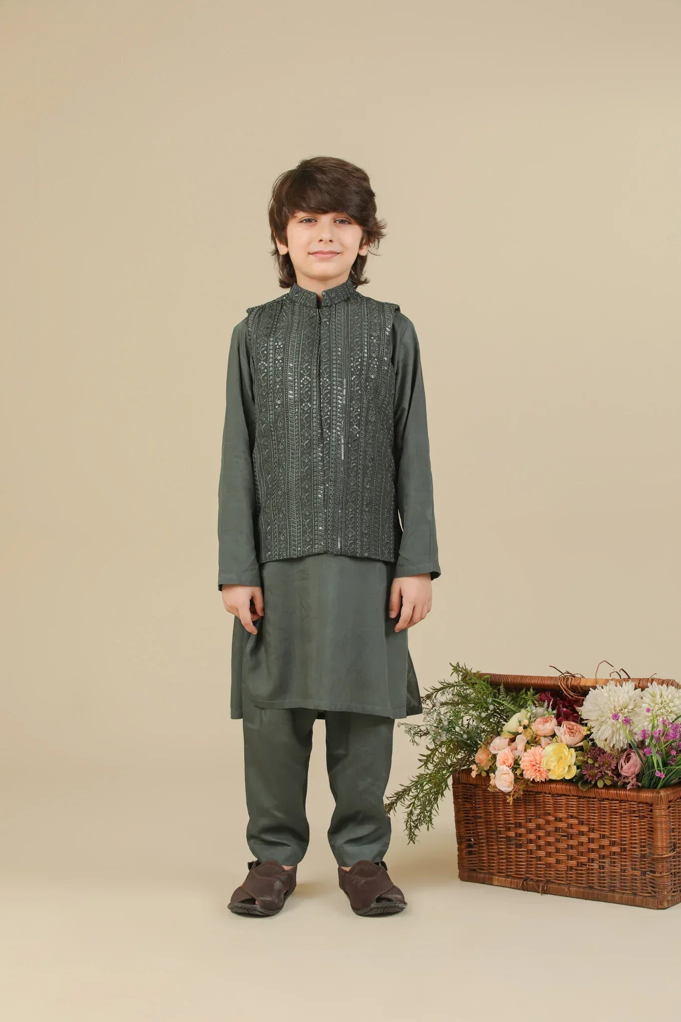 Olive Green Falling Embroidered Waistcoat - Kids