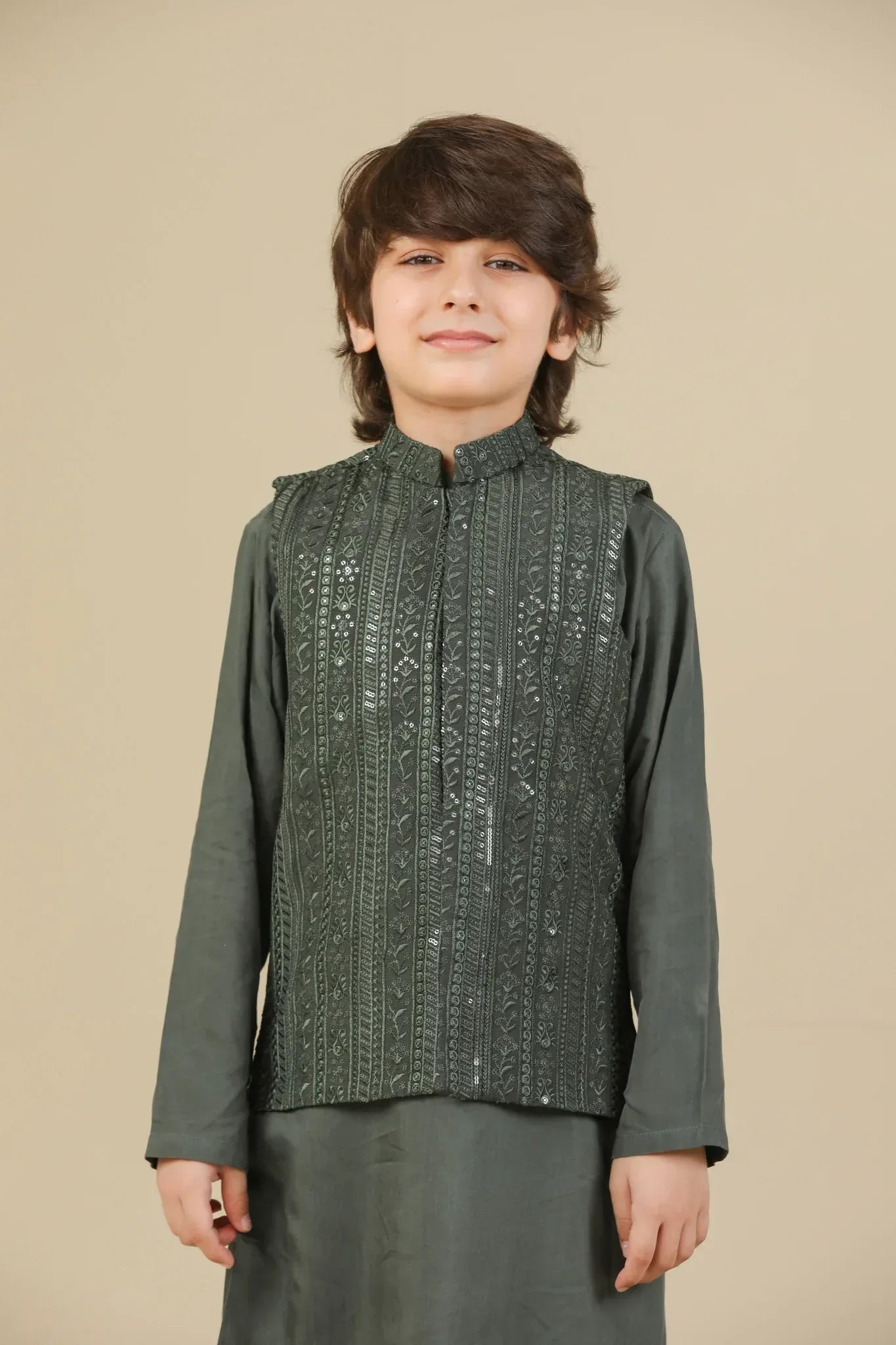 Olive Green Falling Embroidered Waistcoat - Kids