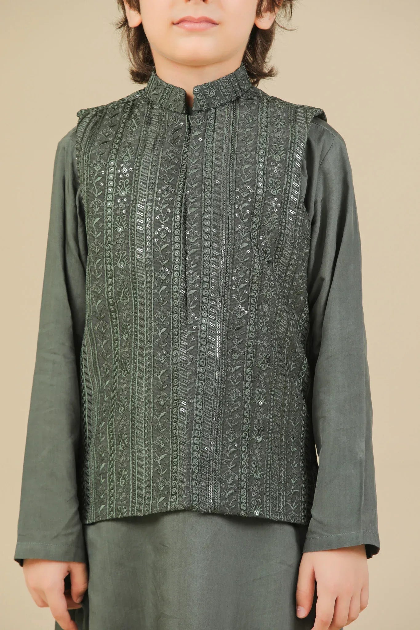 Olive Green Falling Embroidered Waistcoat - Kids