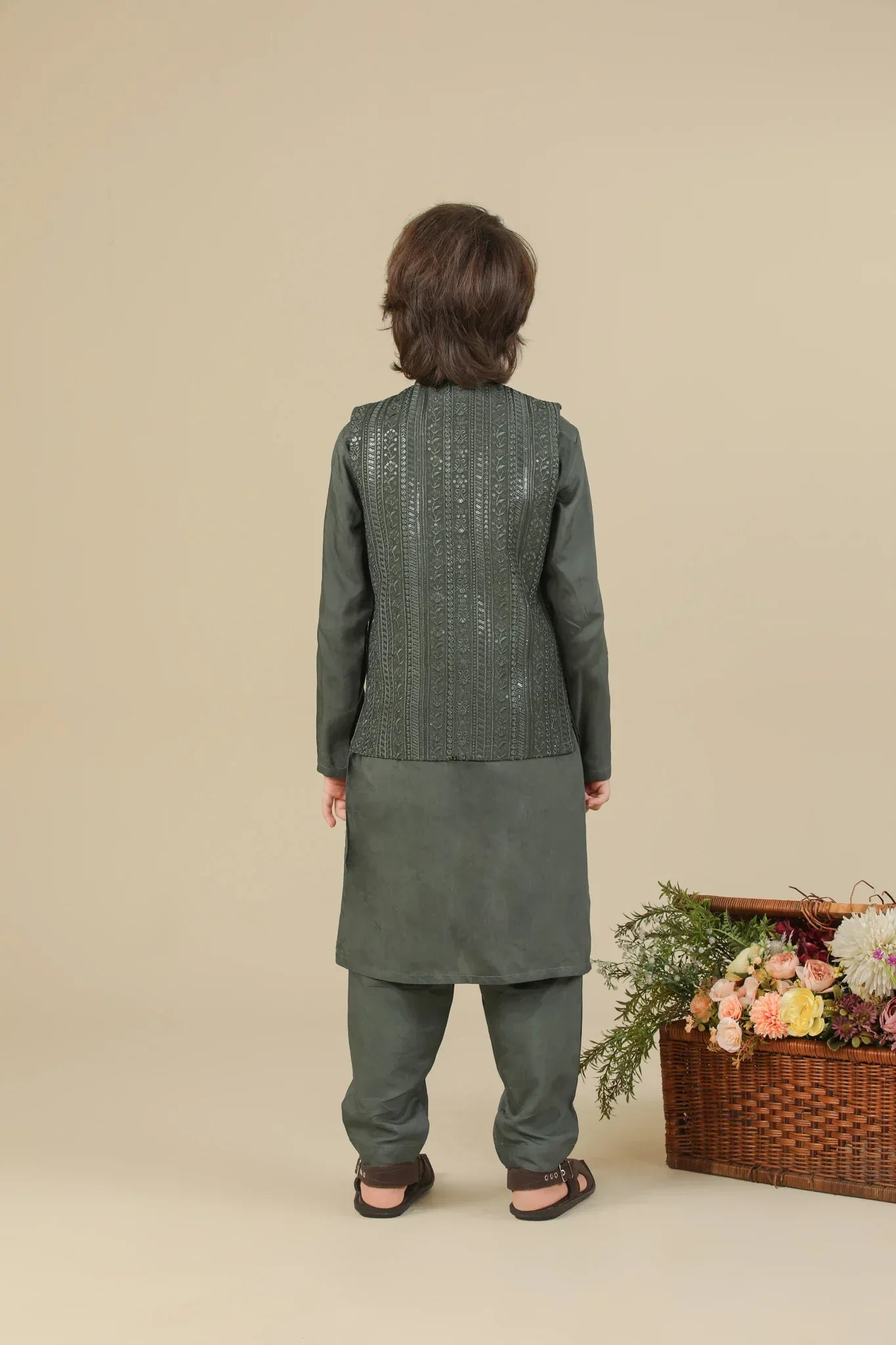 Olive Green Falling Embroidered Waistcoat - Kids