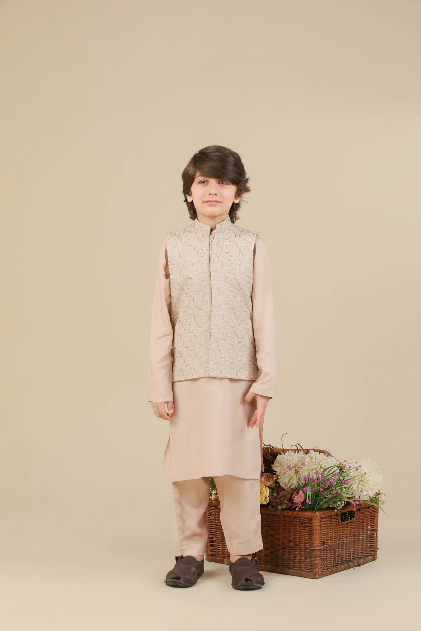 Coffee Beige Square Embroidered Waistcoat - Kids