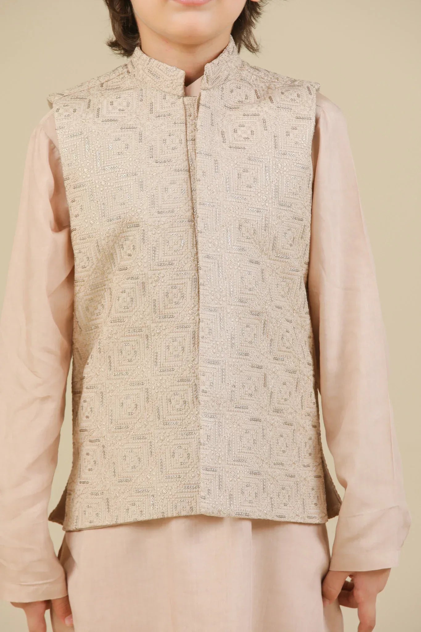 Coffee Beige Square Embroidered Waistcoat - Kids