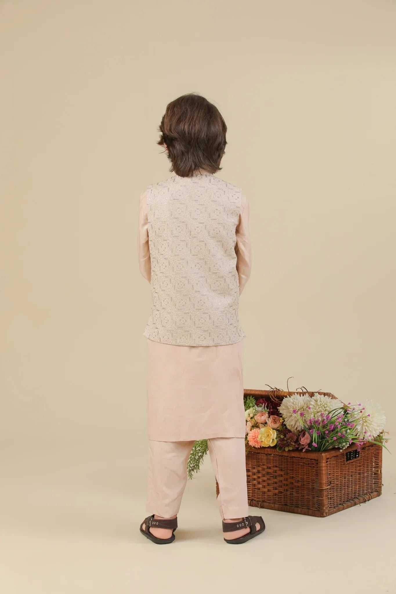 Coffee Beige Square Embroidered Waistcoat - Kids