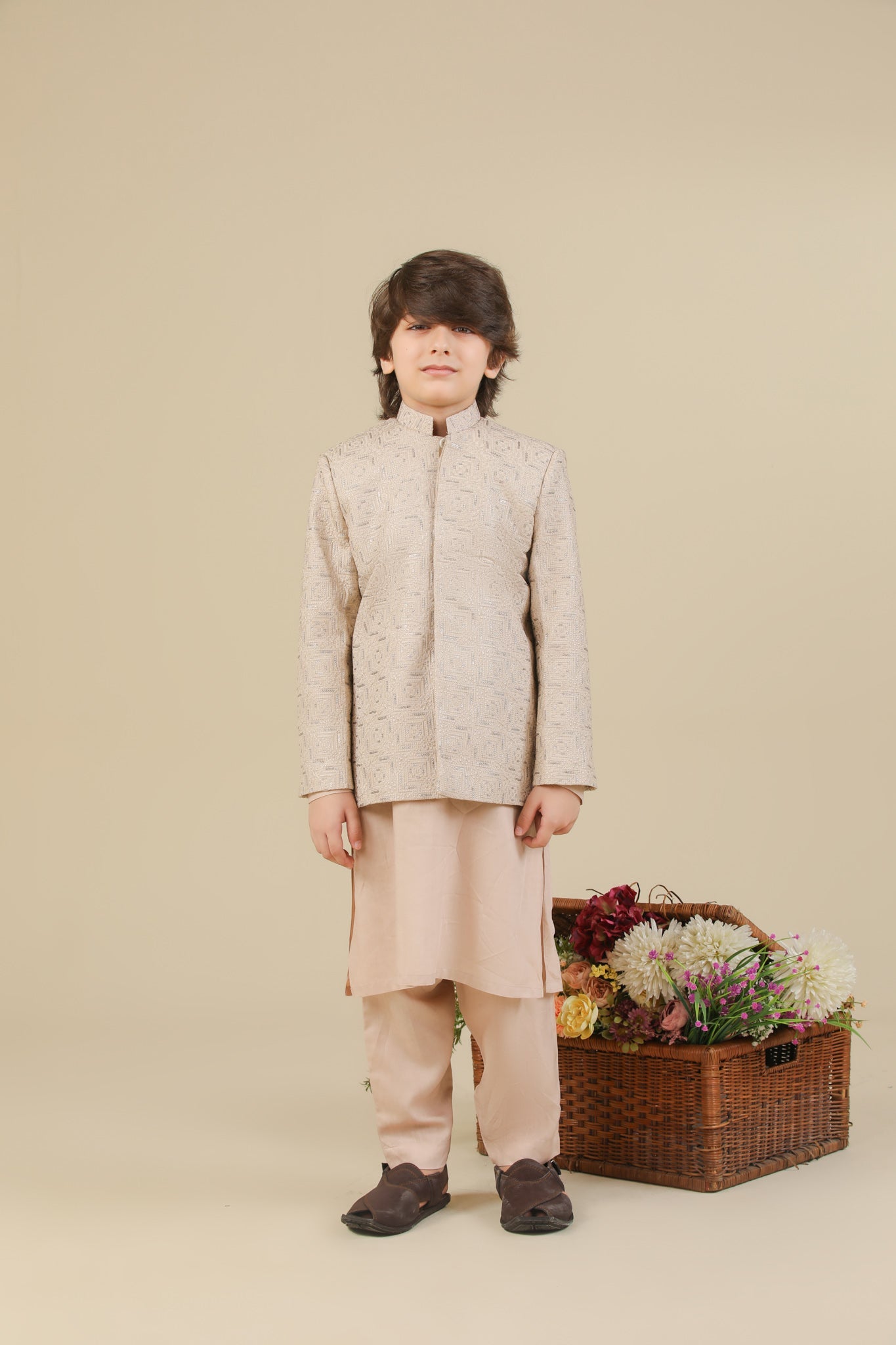 Coffee Beige Square Embroidered Prince Coat - Kids
