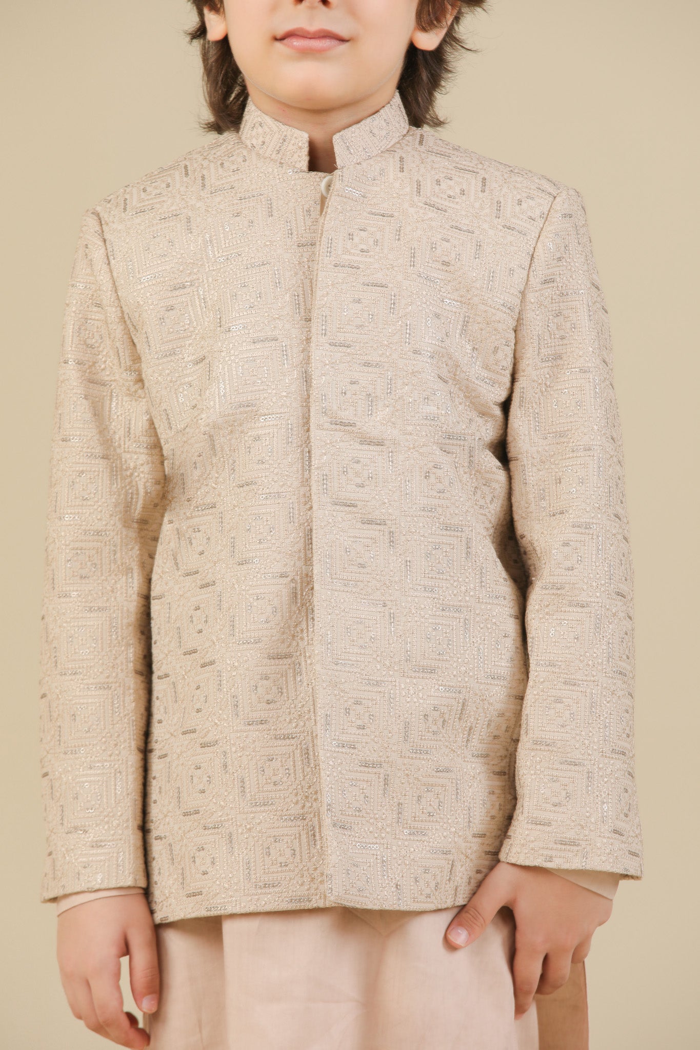Coffee Beige Square Embroidered Prince Coat - Kids