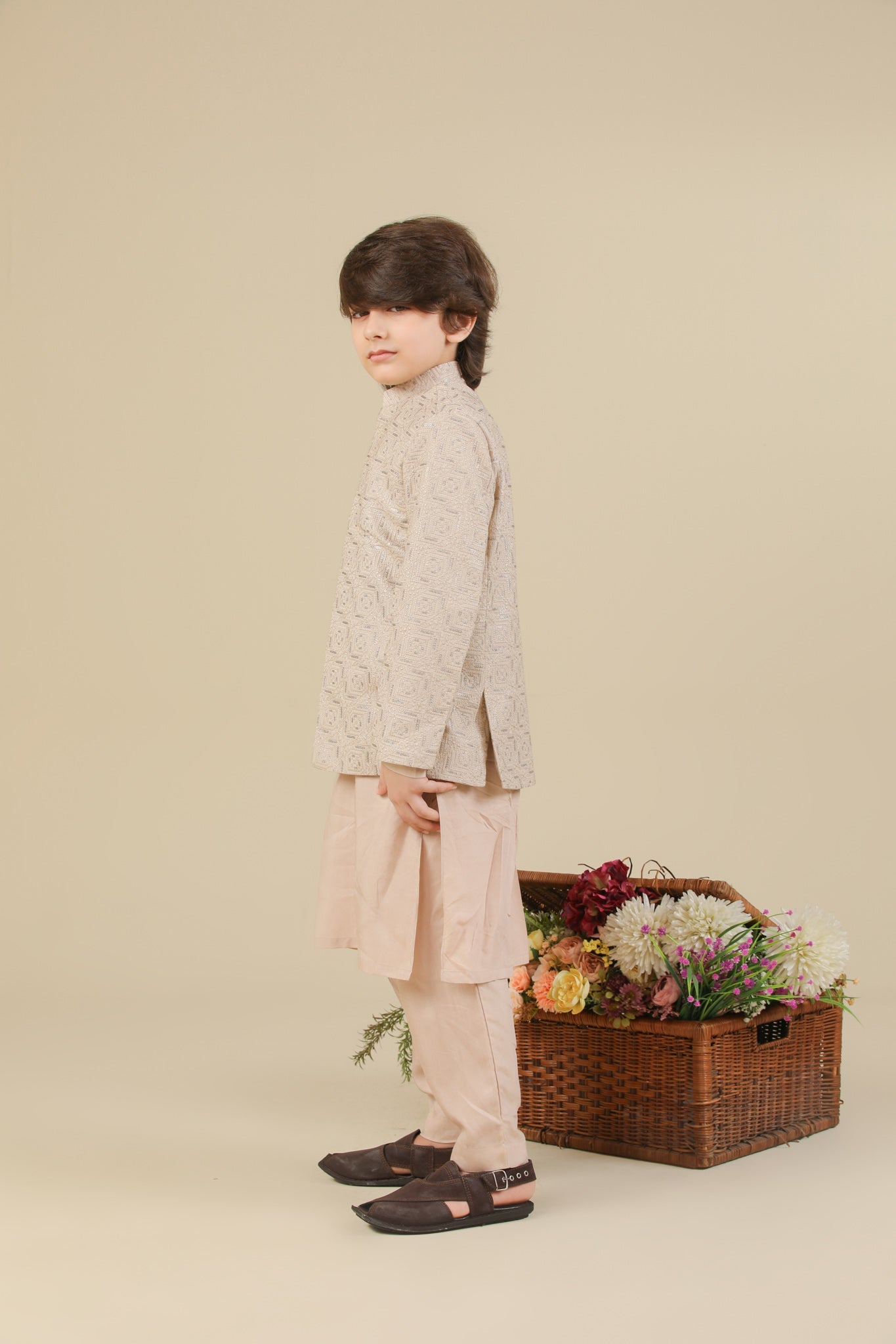 Coffee Beige Square Embroidered Prince Coat - Kids