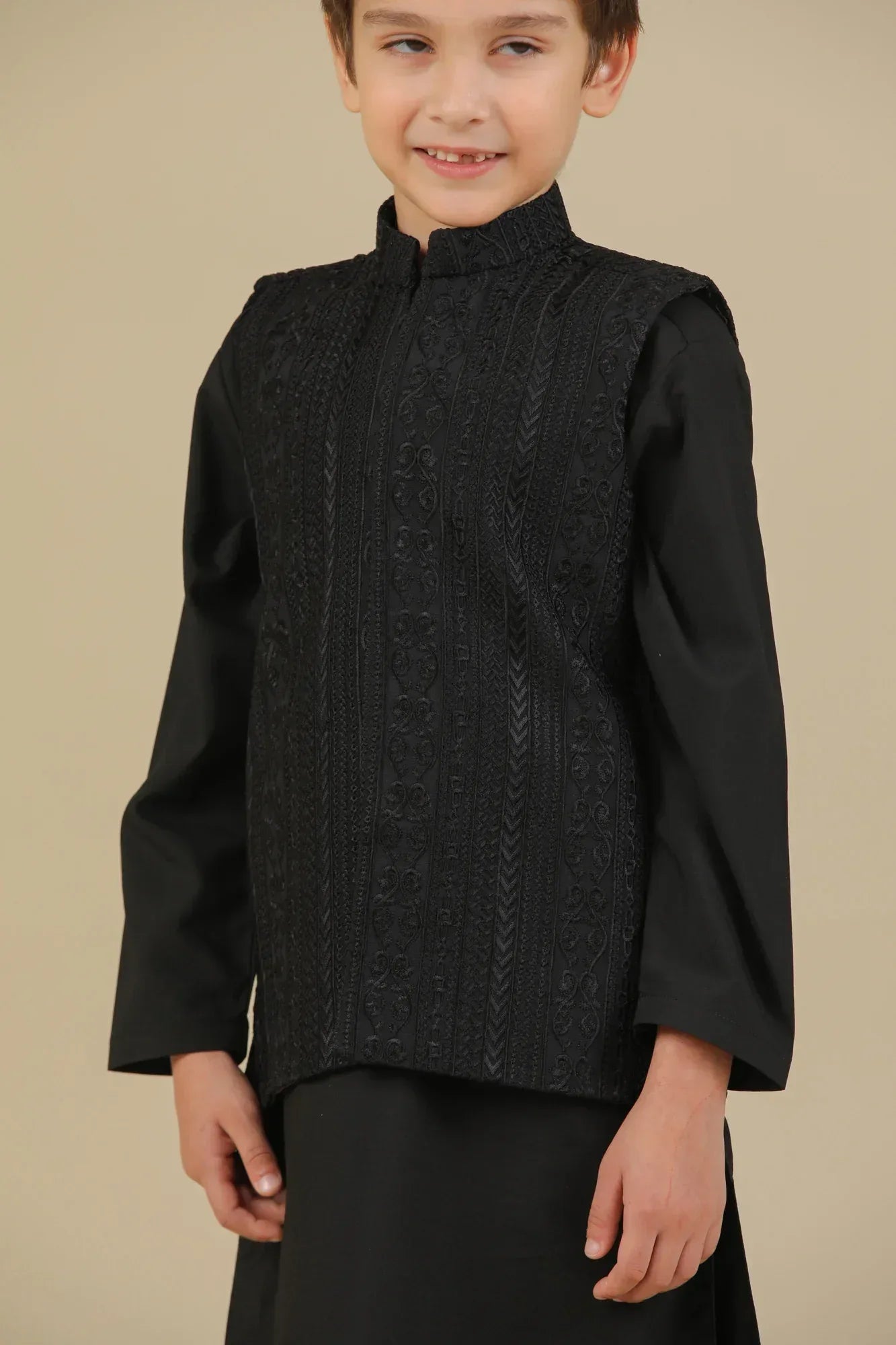Black Cross Stitched Embroidered Waistcoat - Kids