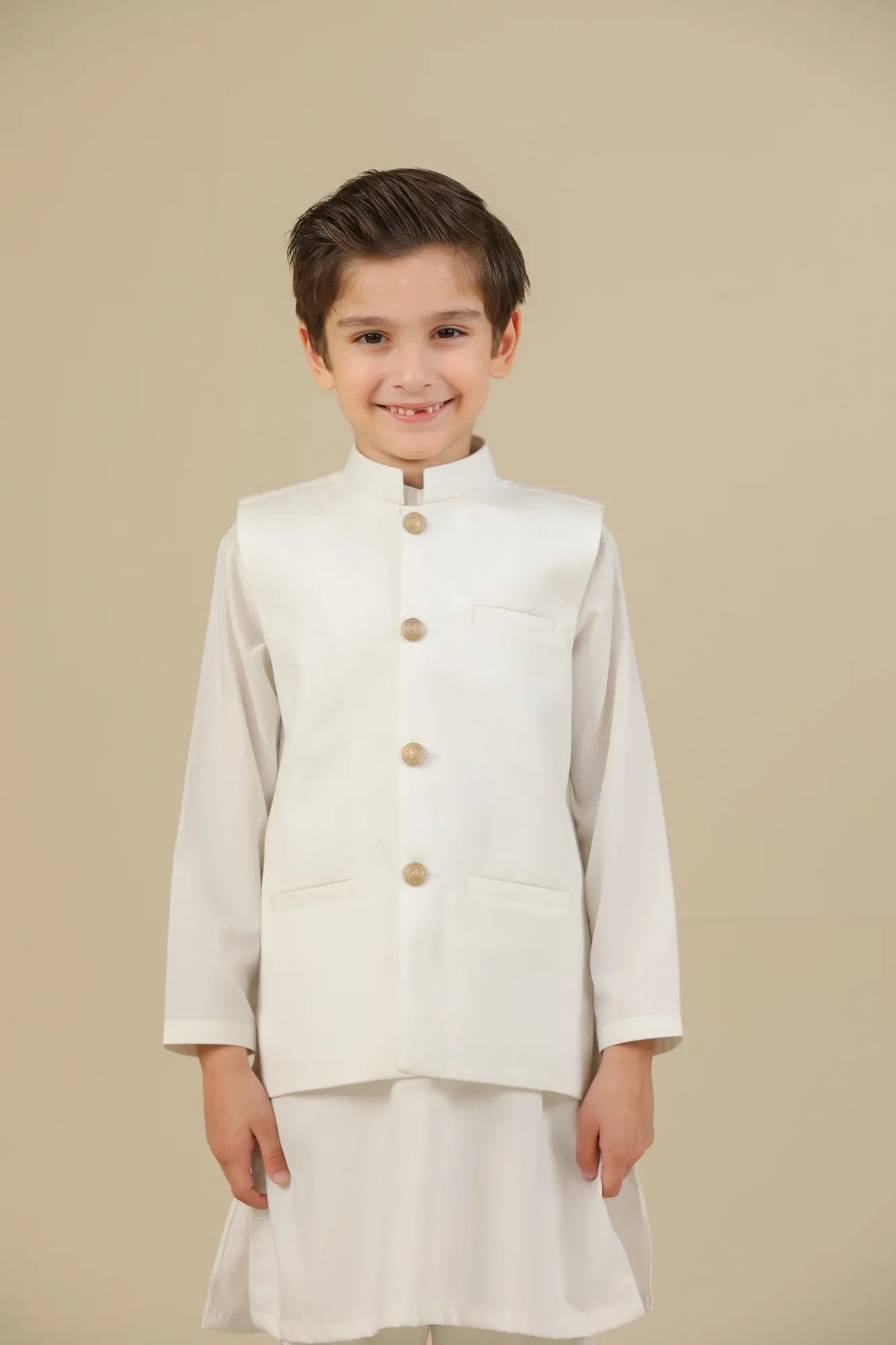 Off White Kurta Trouser with Suiting Waistcoat - Straight Cut - Kids