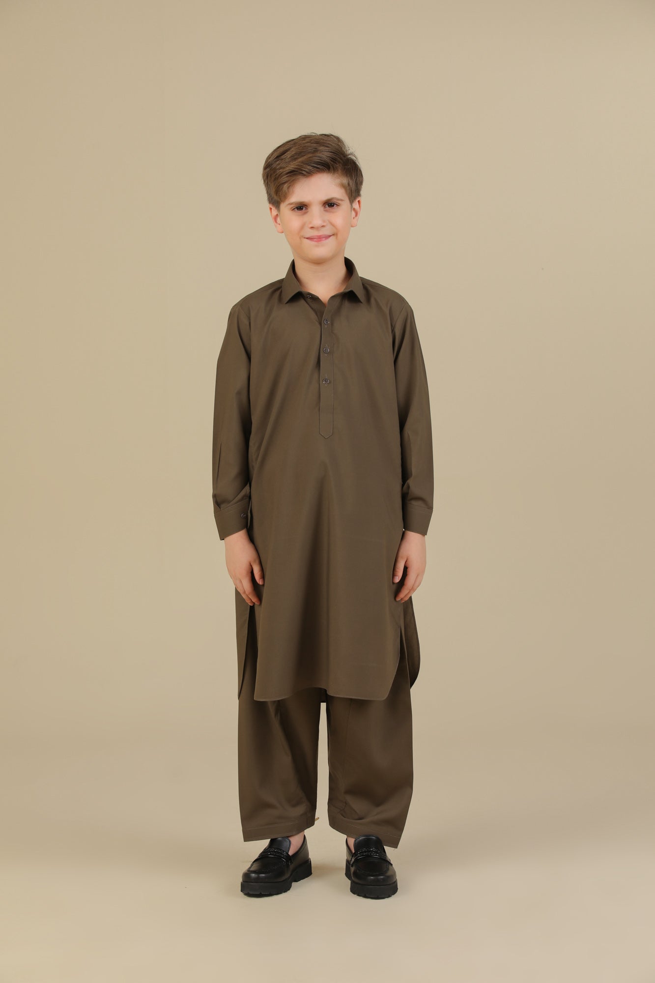 Olive Green French Collar Kurta Trouser - Kids