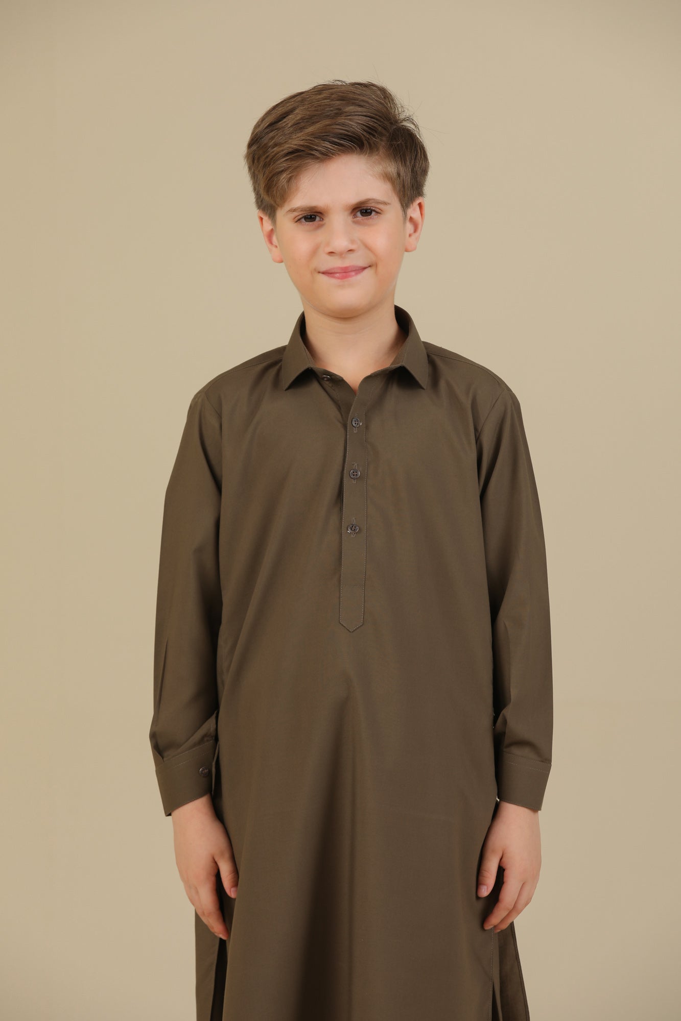 Olive Green French Collar Kurta Trouser - Kids