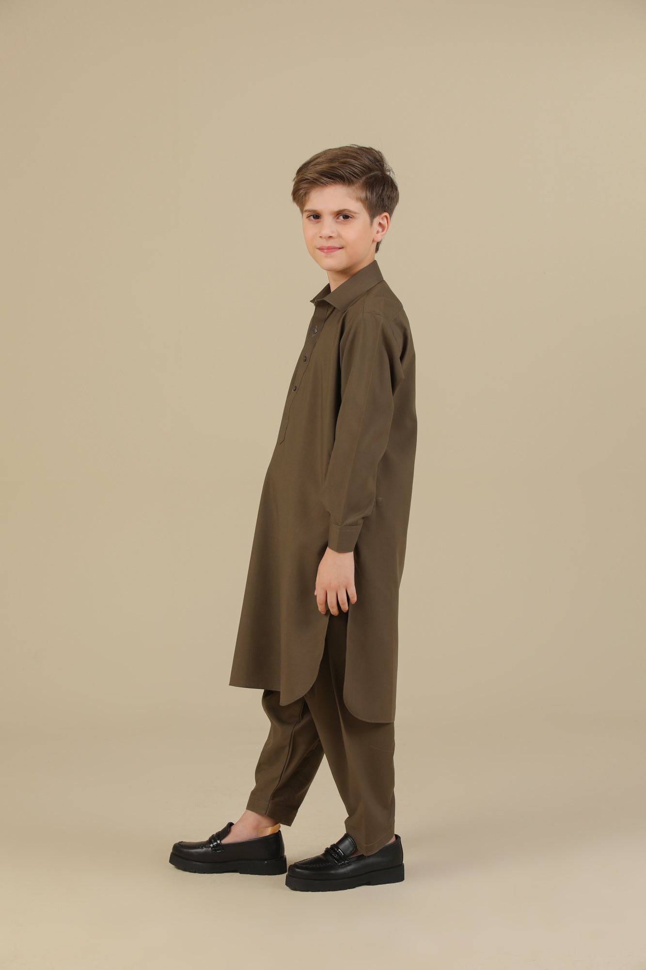 Olive Green French Collar Kurta Trouser - Kids