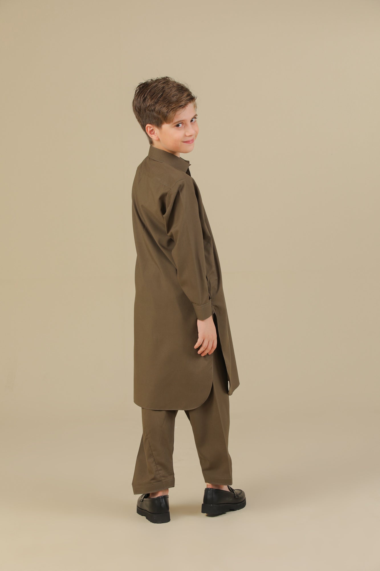 Olive Green French Collar Kurta Trouser - Kids