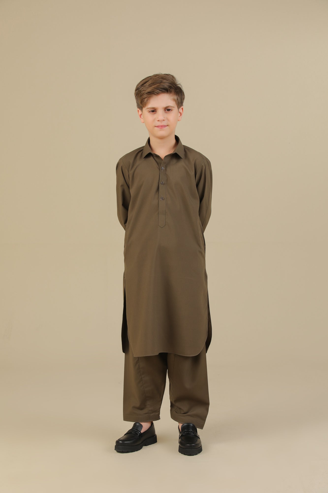 Olive Green French Collar Kurta Trouser - Kids