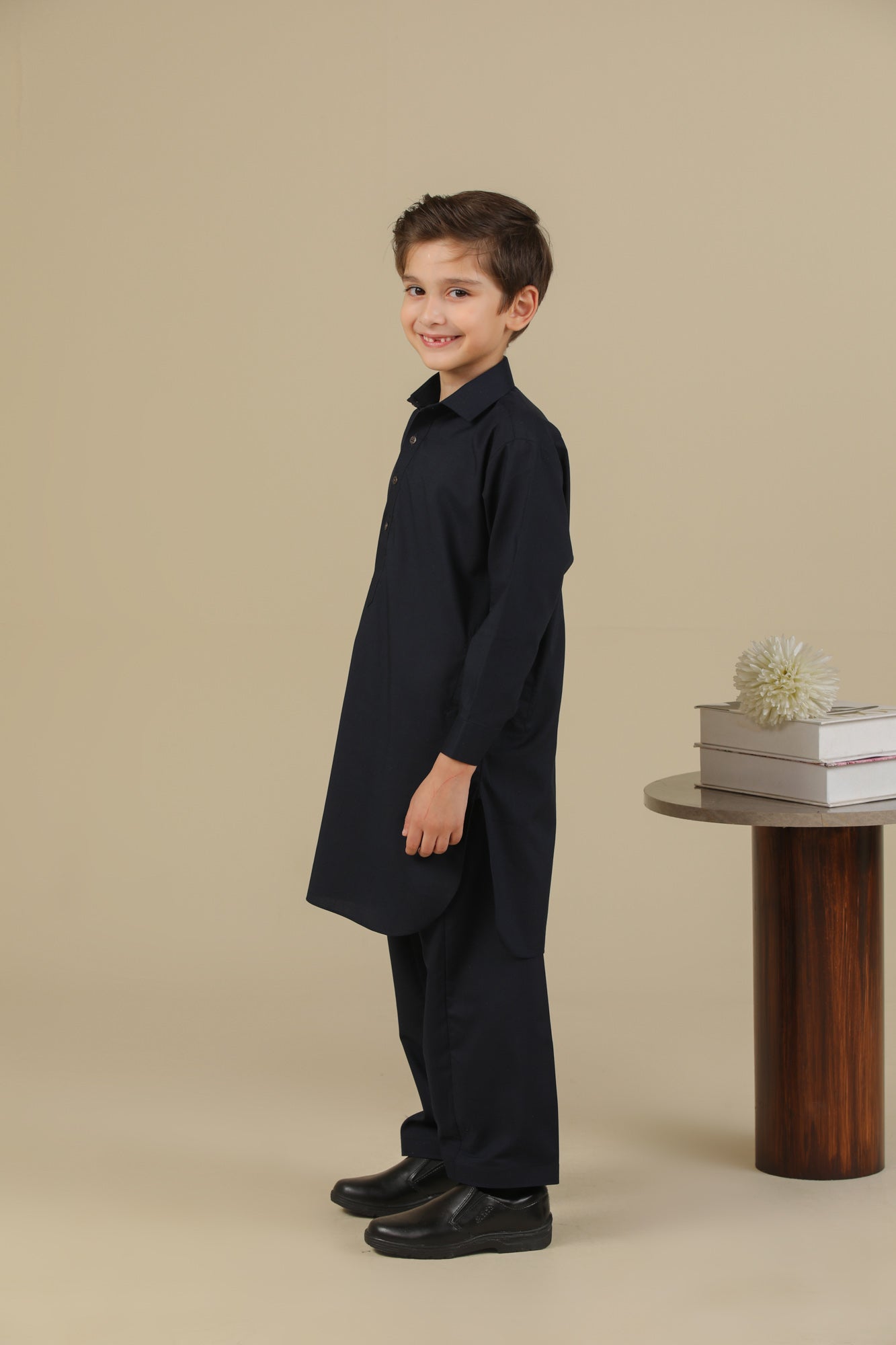 Navy Blue French Collar Kurta Trouser - Kids