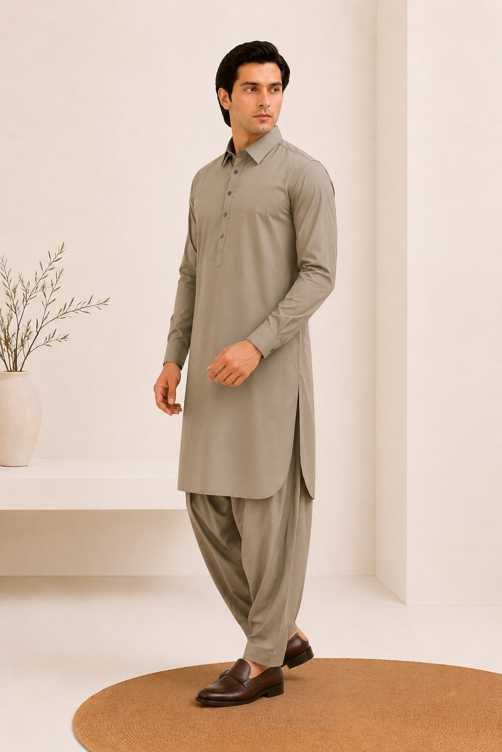 Sand Beige French Collar Kameez Shalwar - Men