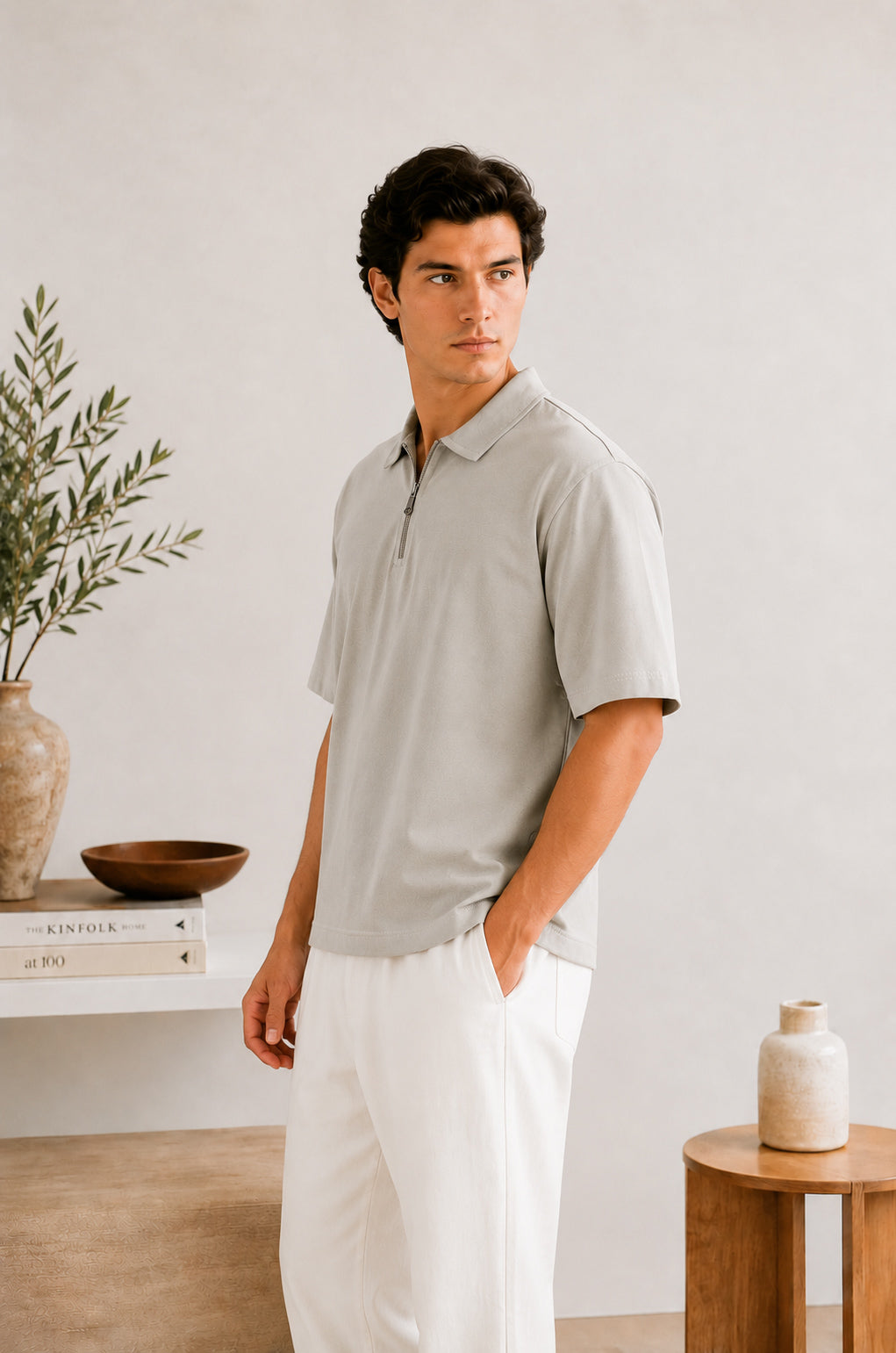 Ash White Terry Zipper Polo - Men