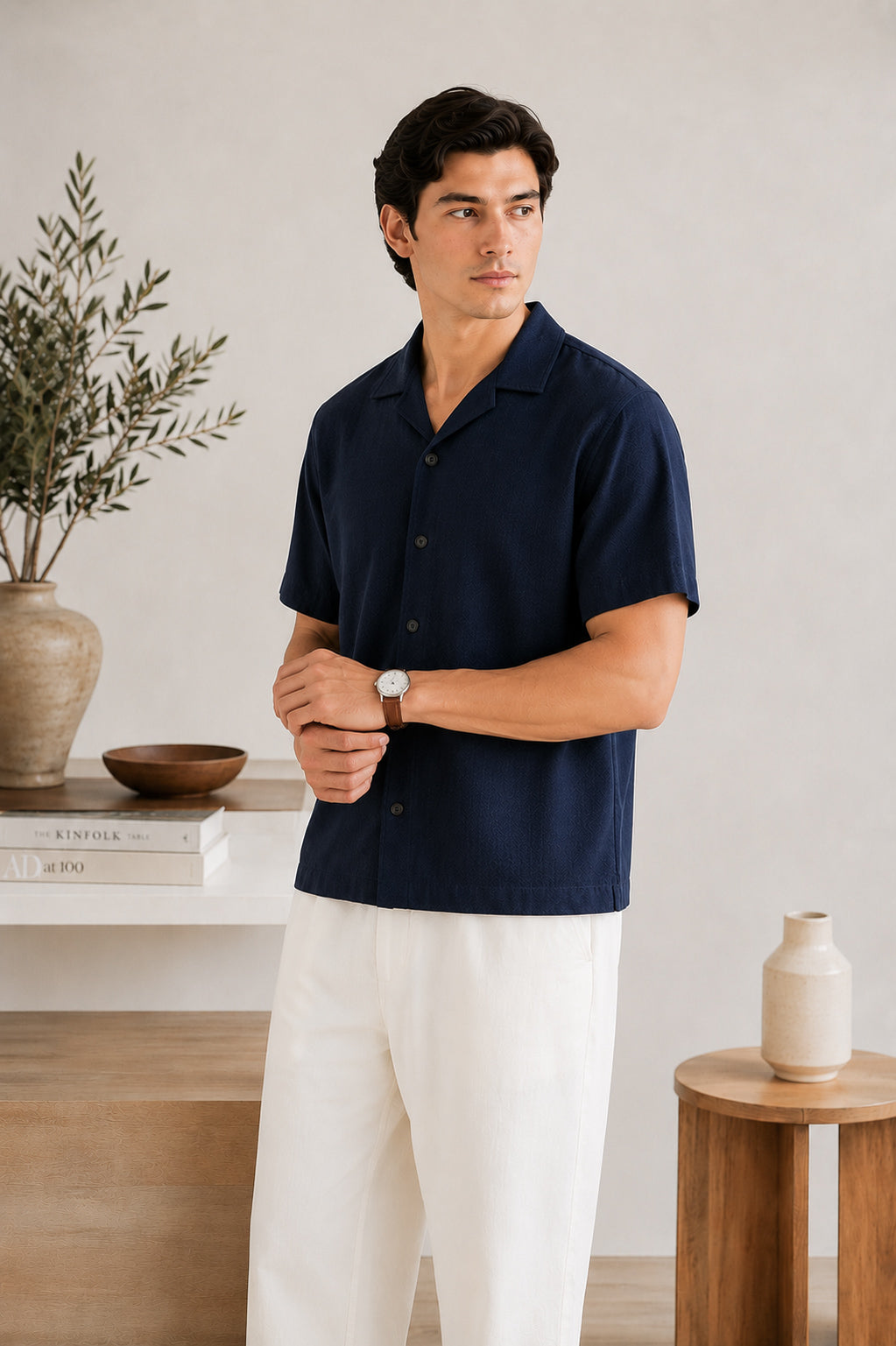 Navy Blue Boxy Revere Button Down - Men