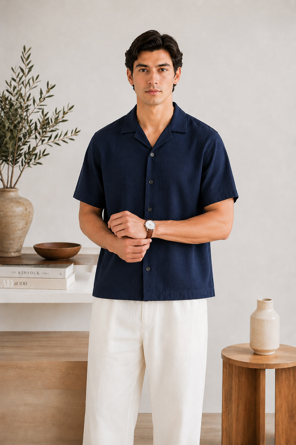 Navy Blue Boxy Revere Button Down - Men
