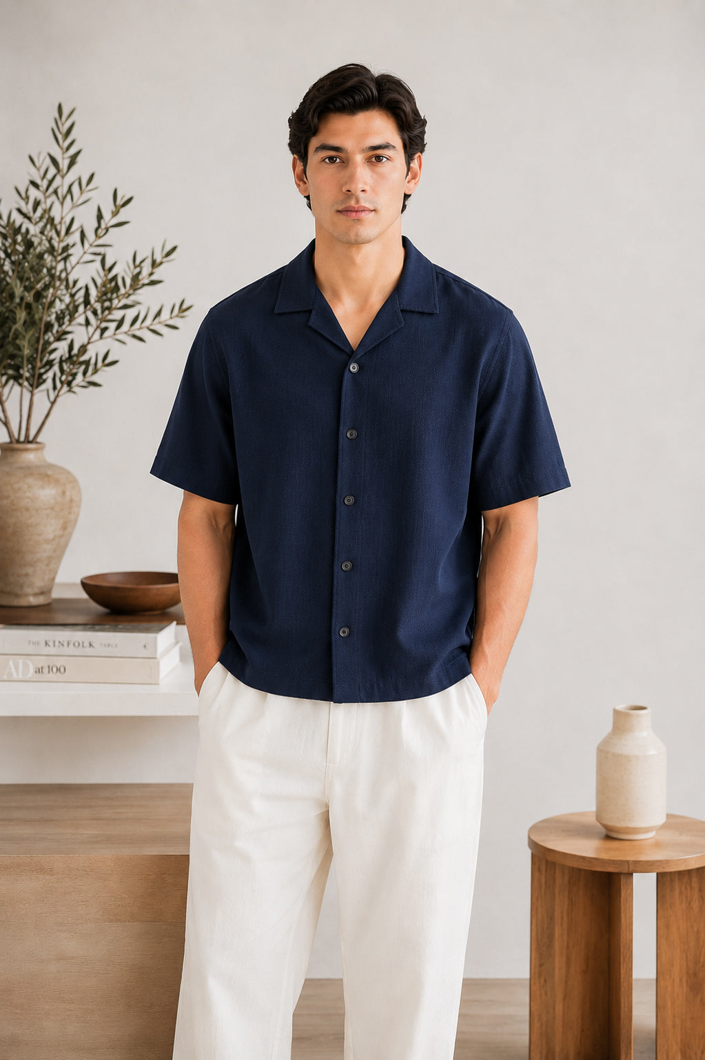 Navy Blue Boxy Revere Button Down - Men