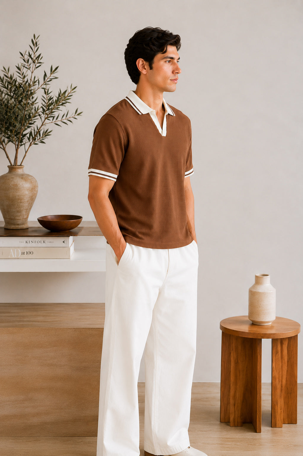 Camel Waffle Johnny Collar Polo - Smart Fit  - Men